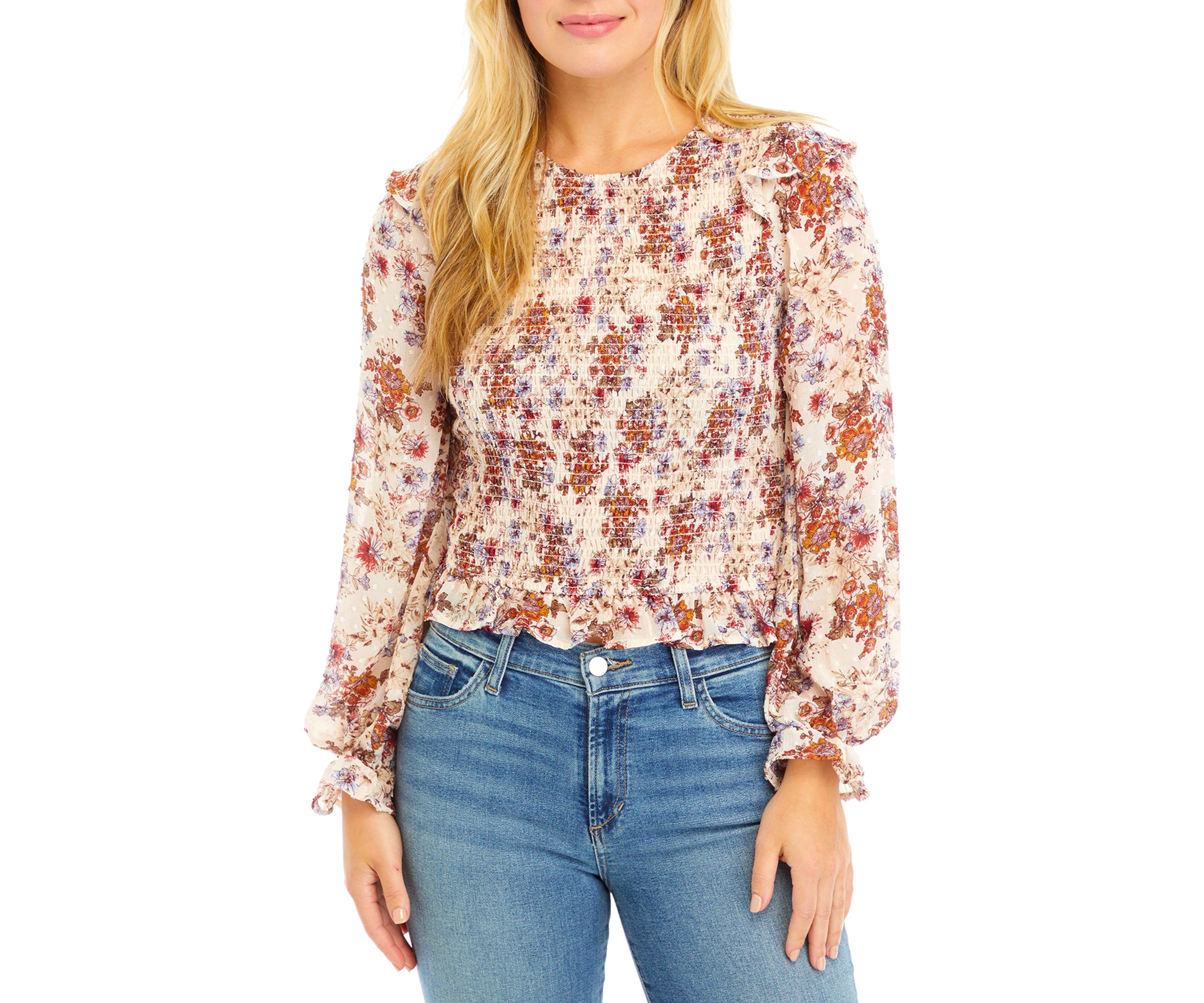 Womens Blouson Sleeve Floral Smocked Top