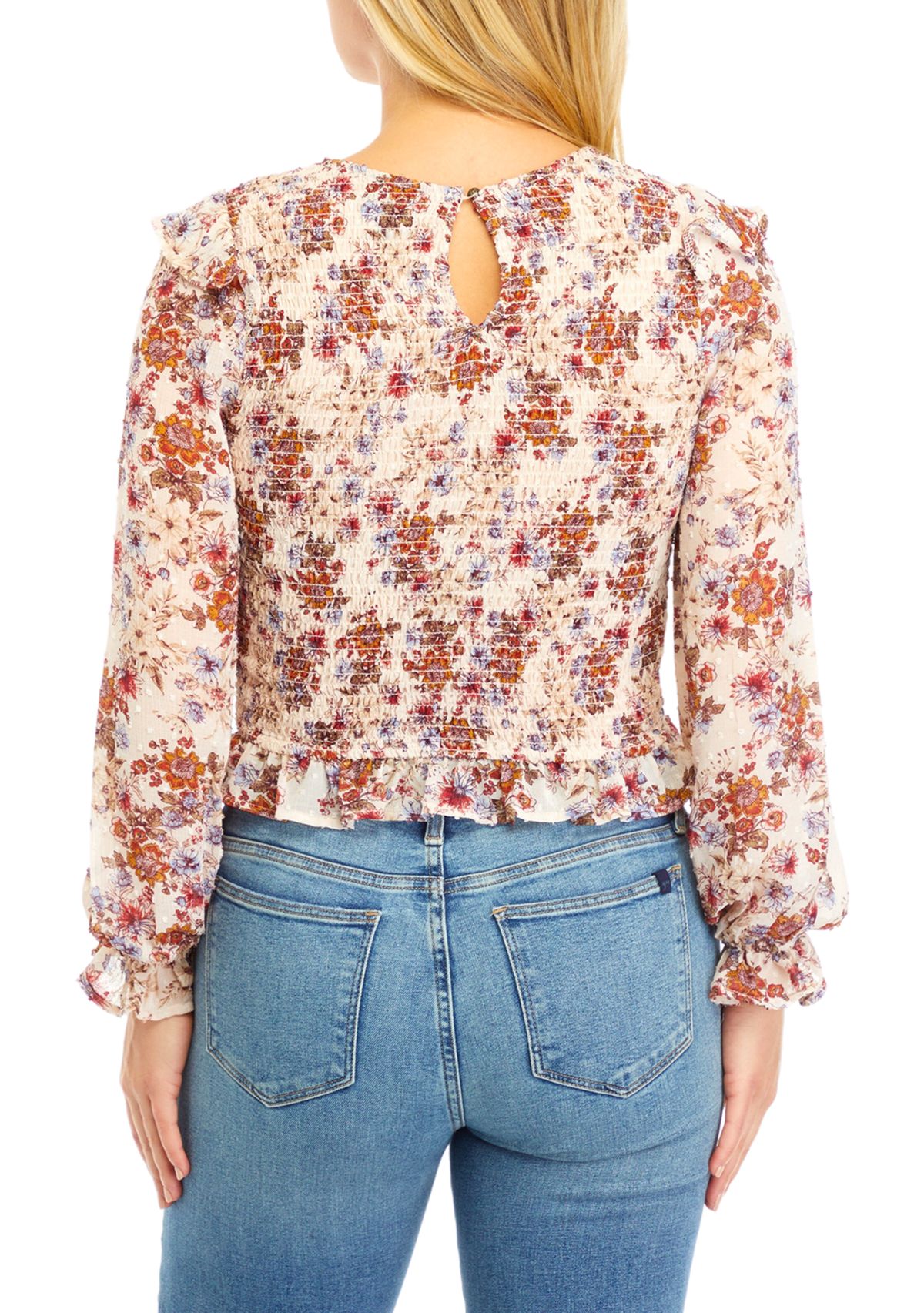 Womens Blouson Sleeve Floral Smocked Top