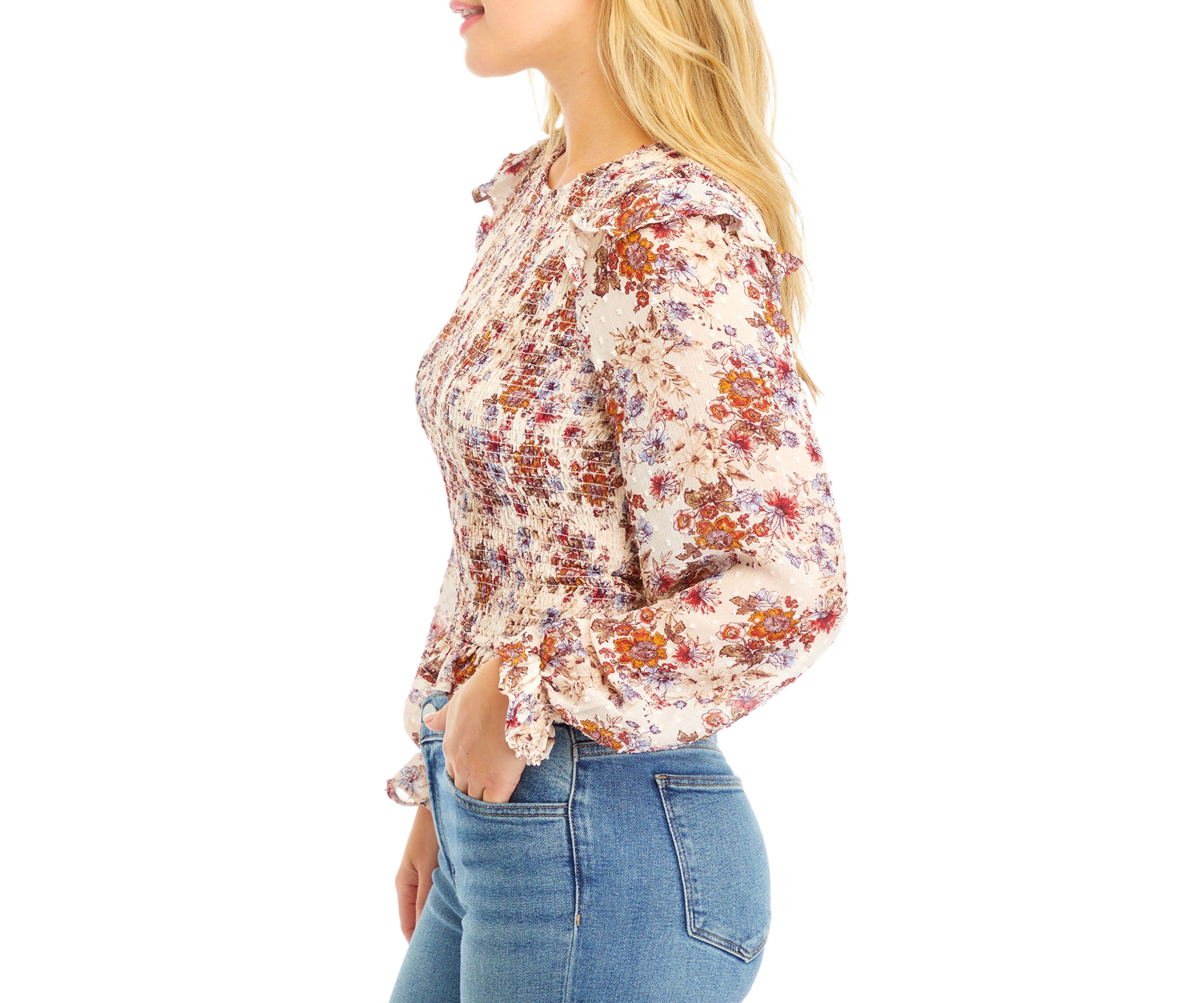 Womens Blouson Sleeve Floral Smocked Top