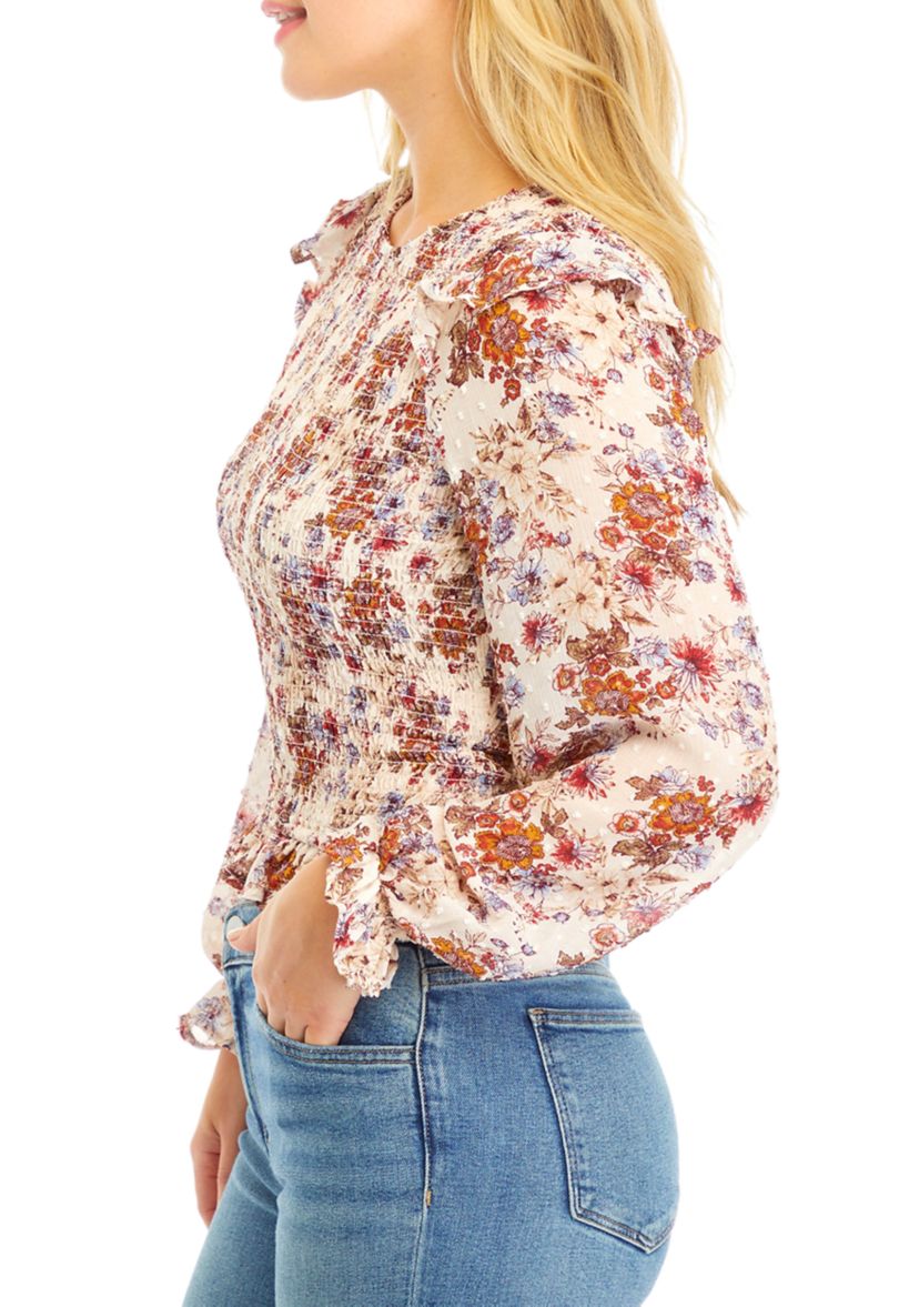 Womens Blouson Sleeve Floral Smocked Top