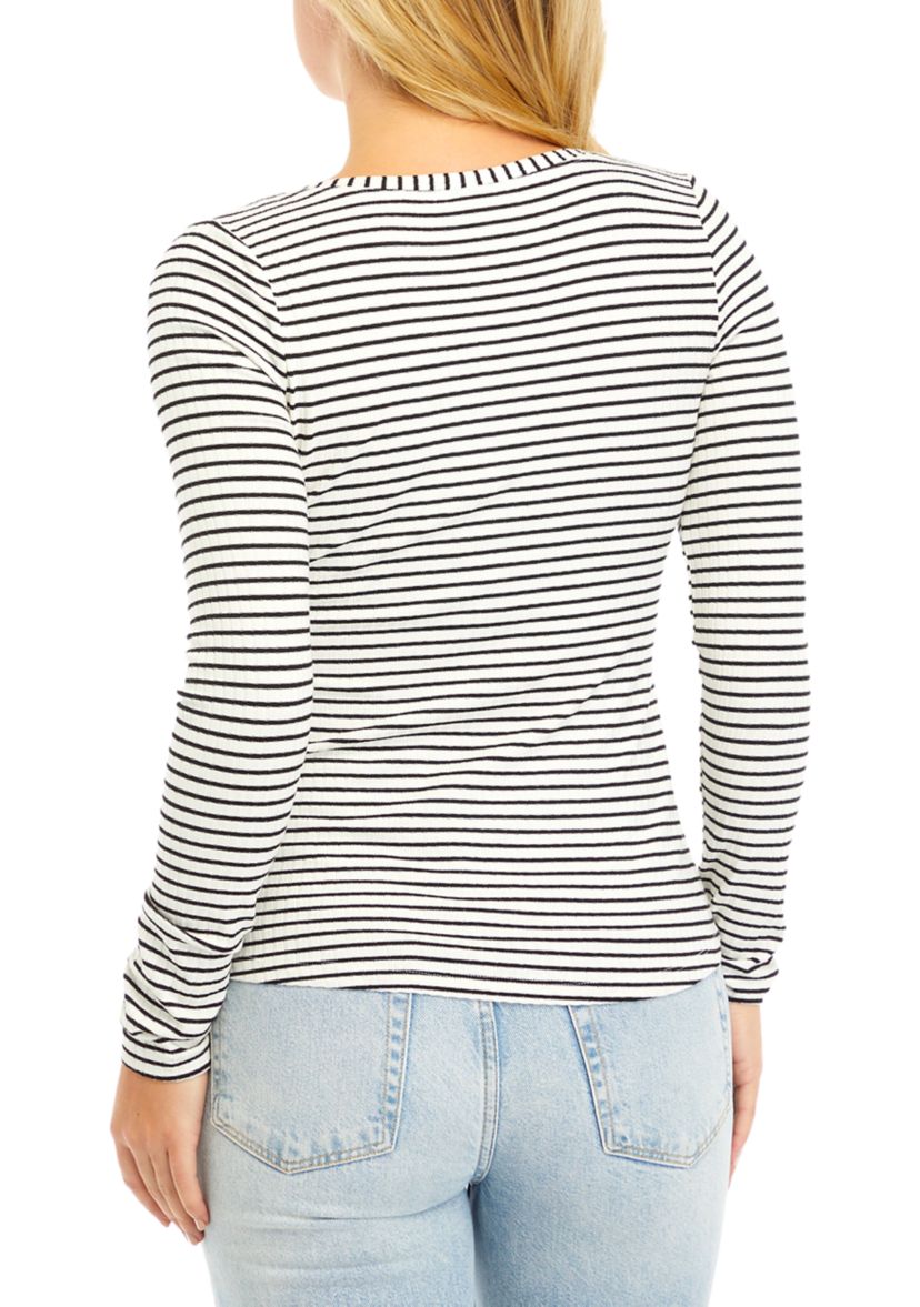 Juniors V-Neck Henley Striped Shirt 