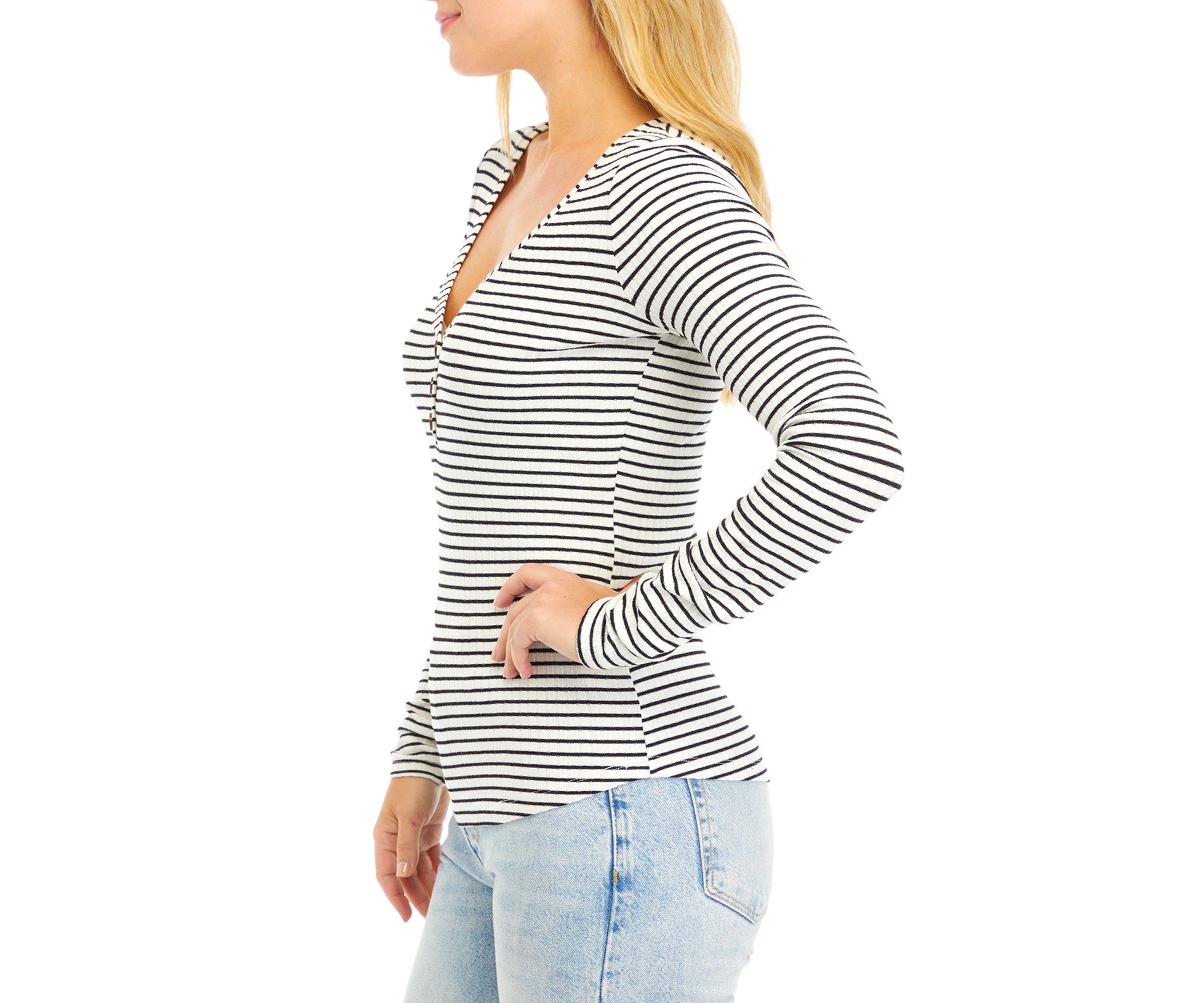 Juniors V-Neck Henley Striped Shirt 