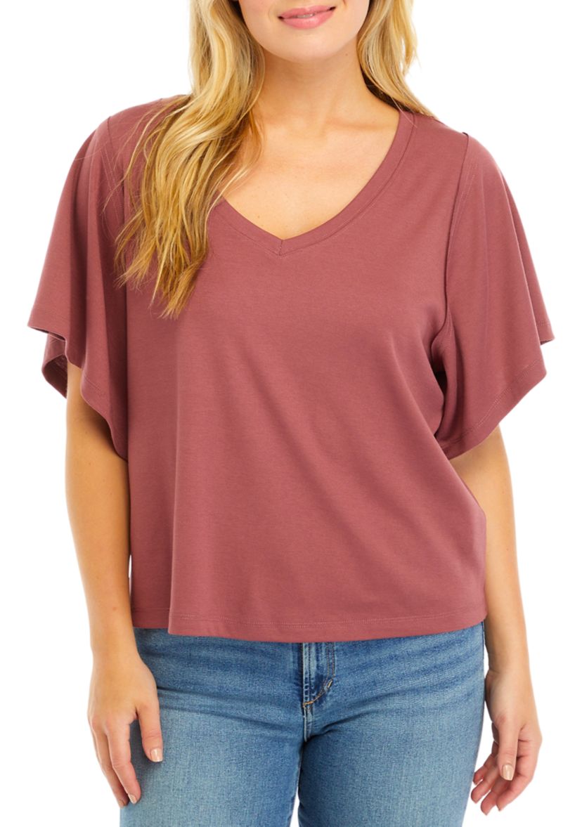 Womens Flutter Sleeve V-Neck Top