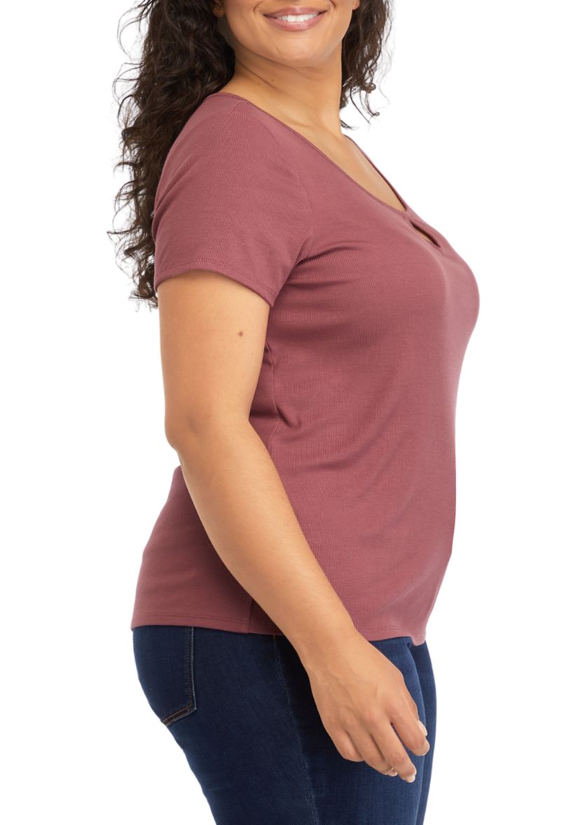 Plus Size Short Sleeve Scoop Neck T-Shirt with Keyhole