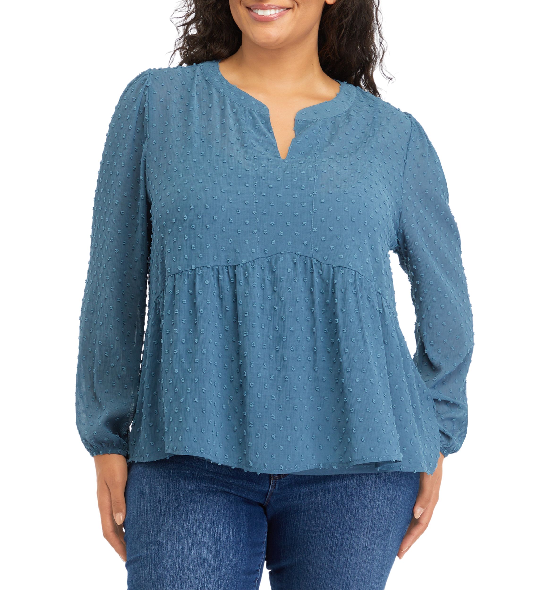 Plus Size Clip Dot Mandarin Collar Blouse