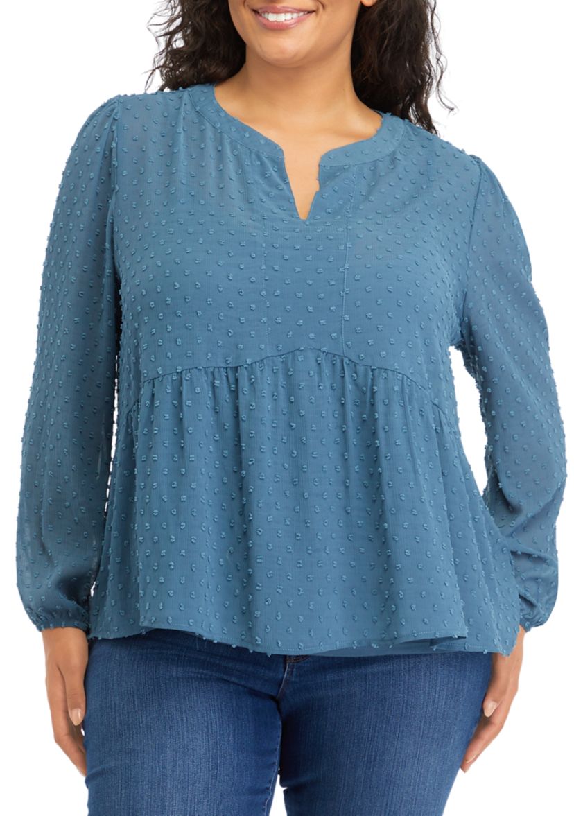 Plus Size Clip Dot Mandarin Collar Blouse