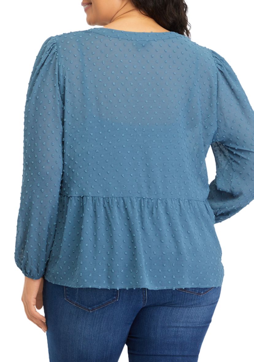Plus Size Clip Dot Mandarin Collar Blouse