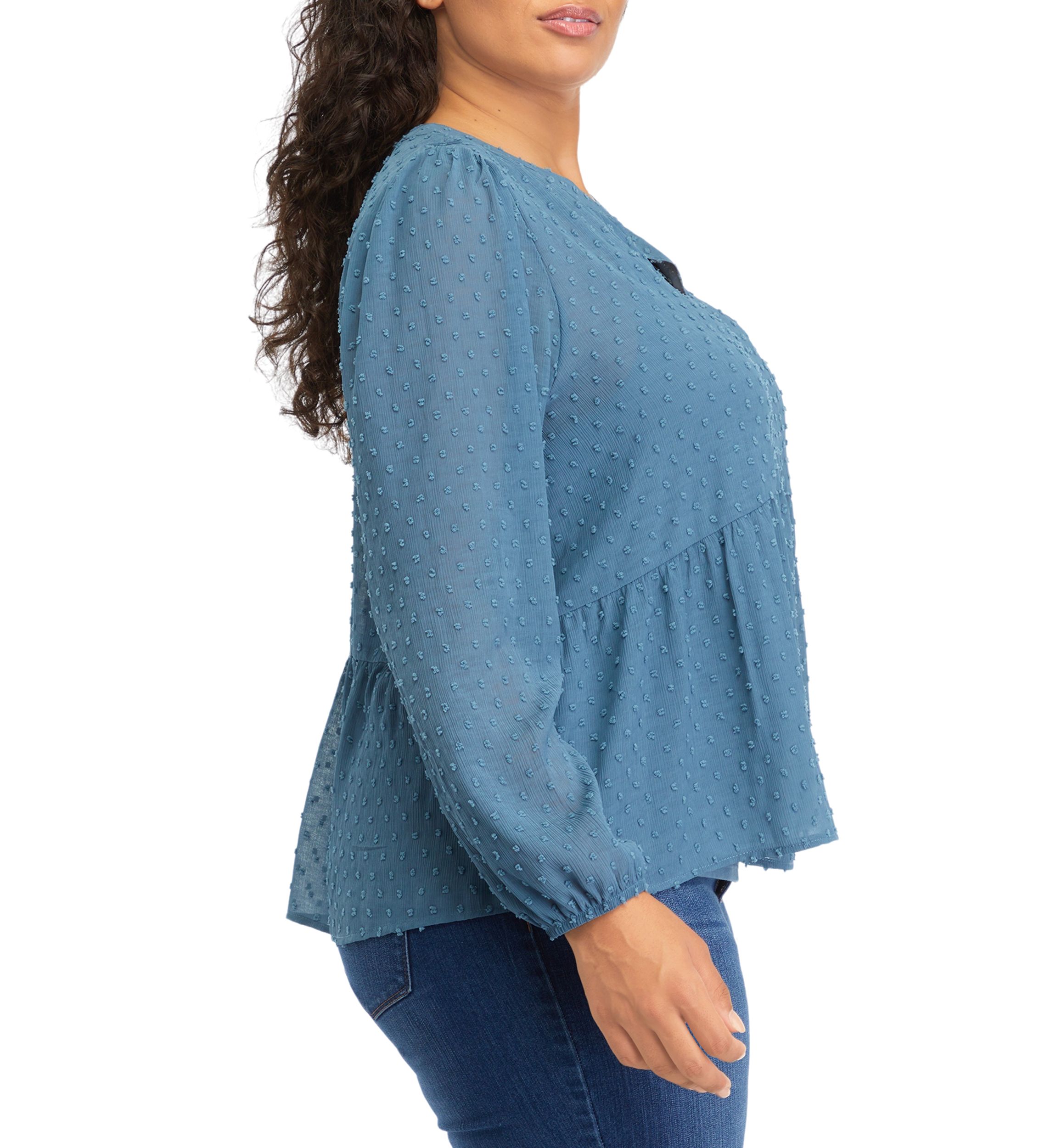 Plus Size Clip Dot Mandarin Collar Blouse