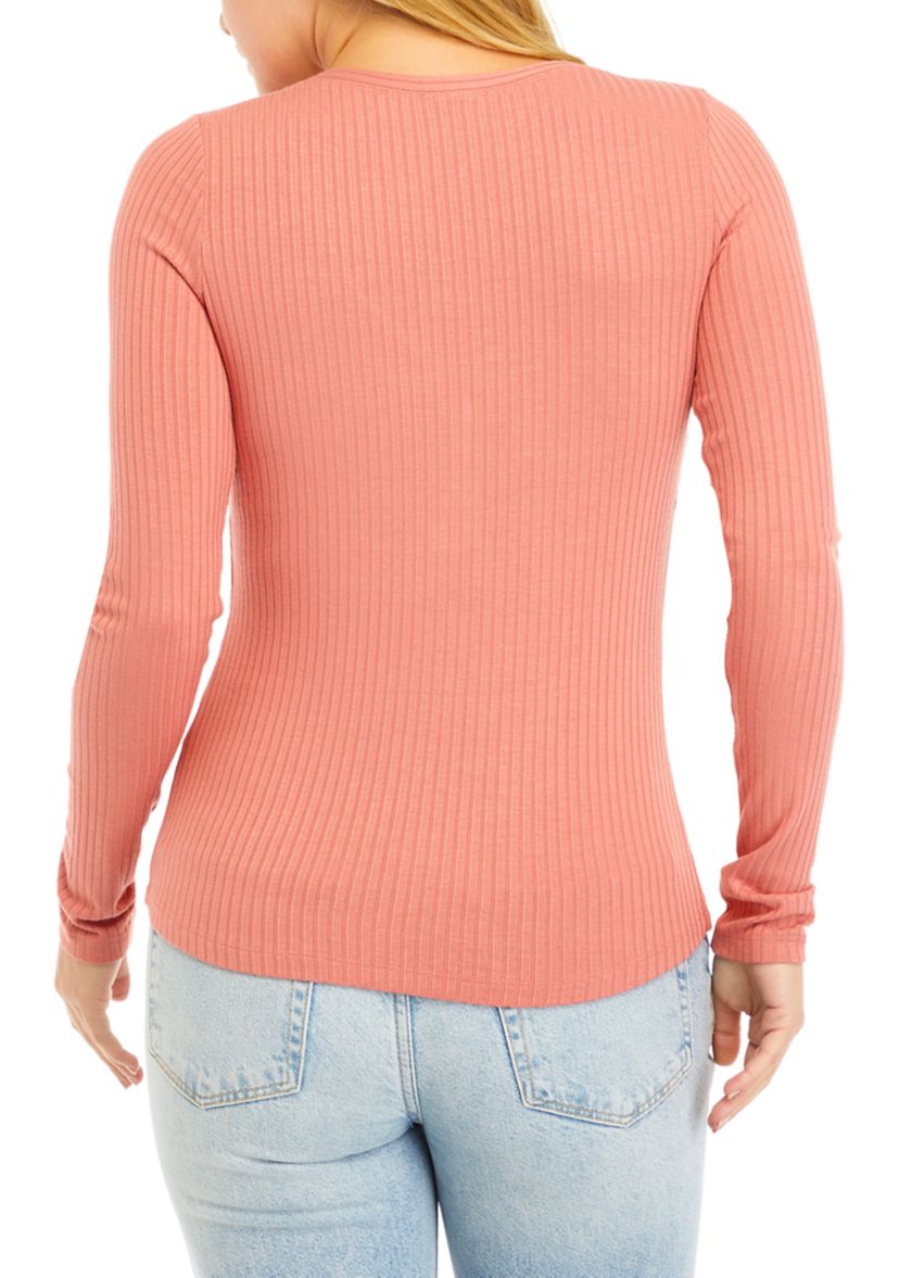 Juniors V-Neck Solid Henley Shirt 