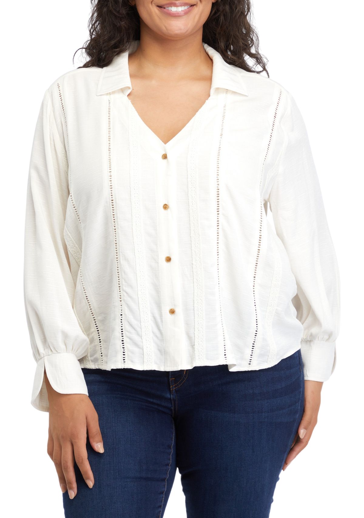 Plus Size Collar Peasant Blouse with Mix Media