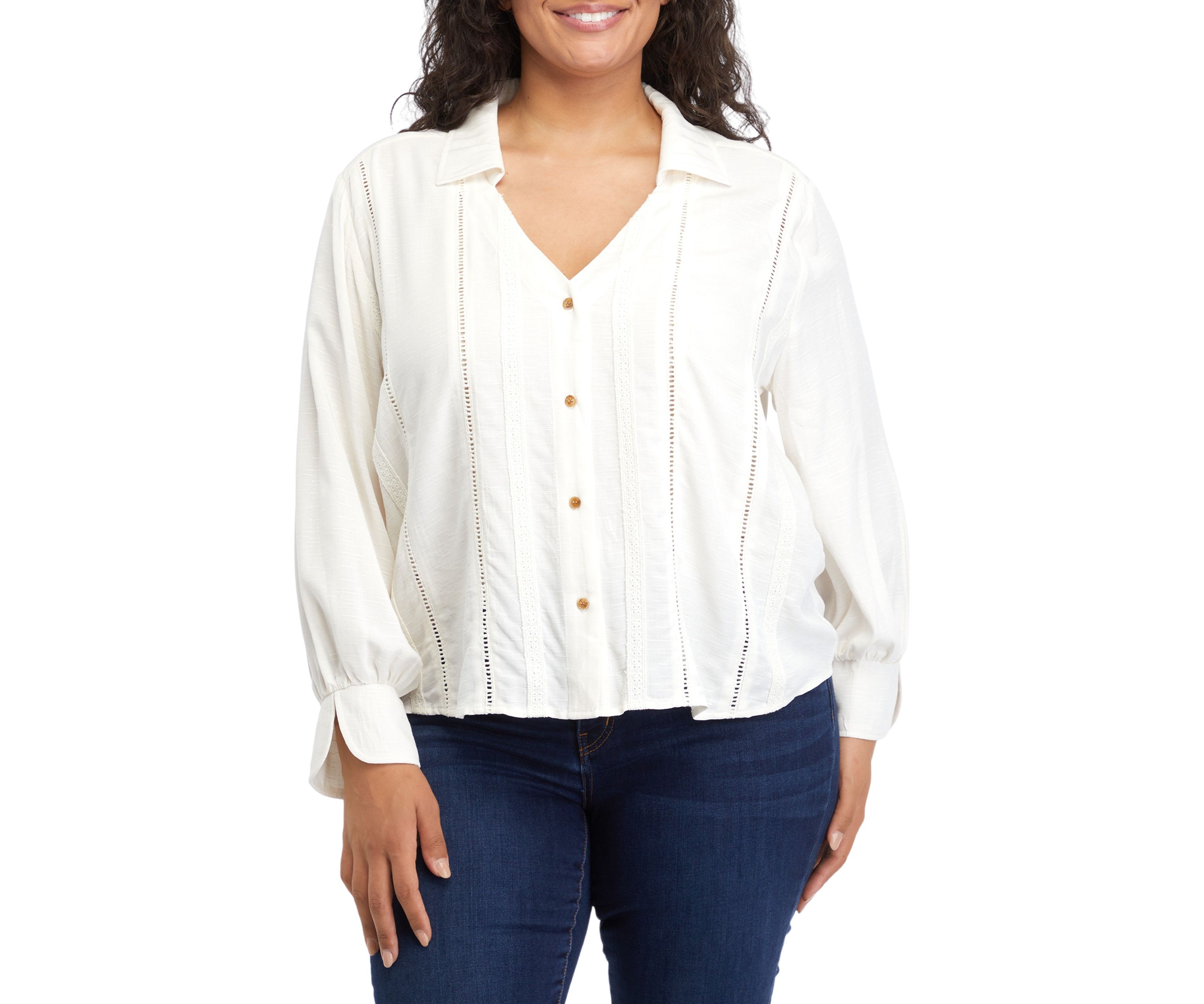 Plus Size Collar Peasant Blouse with Mix Media