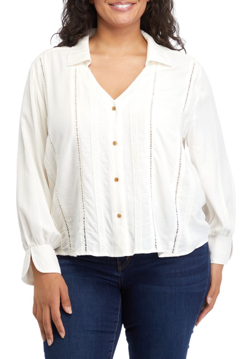 Plus Size Collar Peasant Blouse with Mix Media