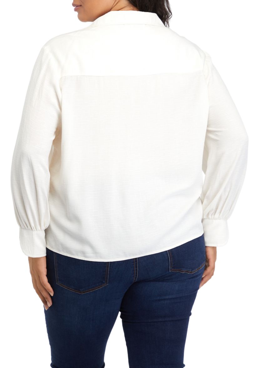 Plus Size Collar Peasant Blouse with Mix Media