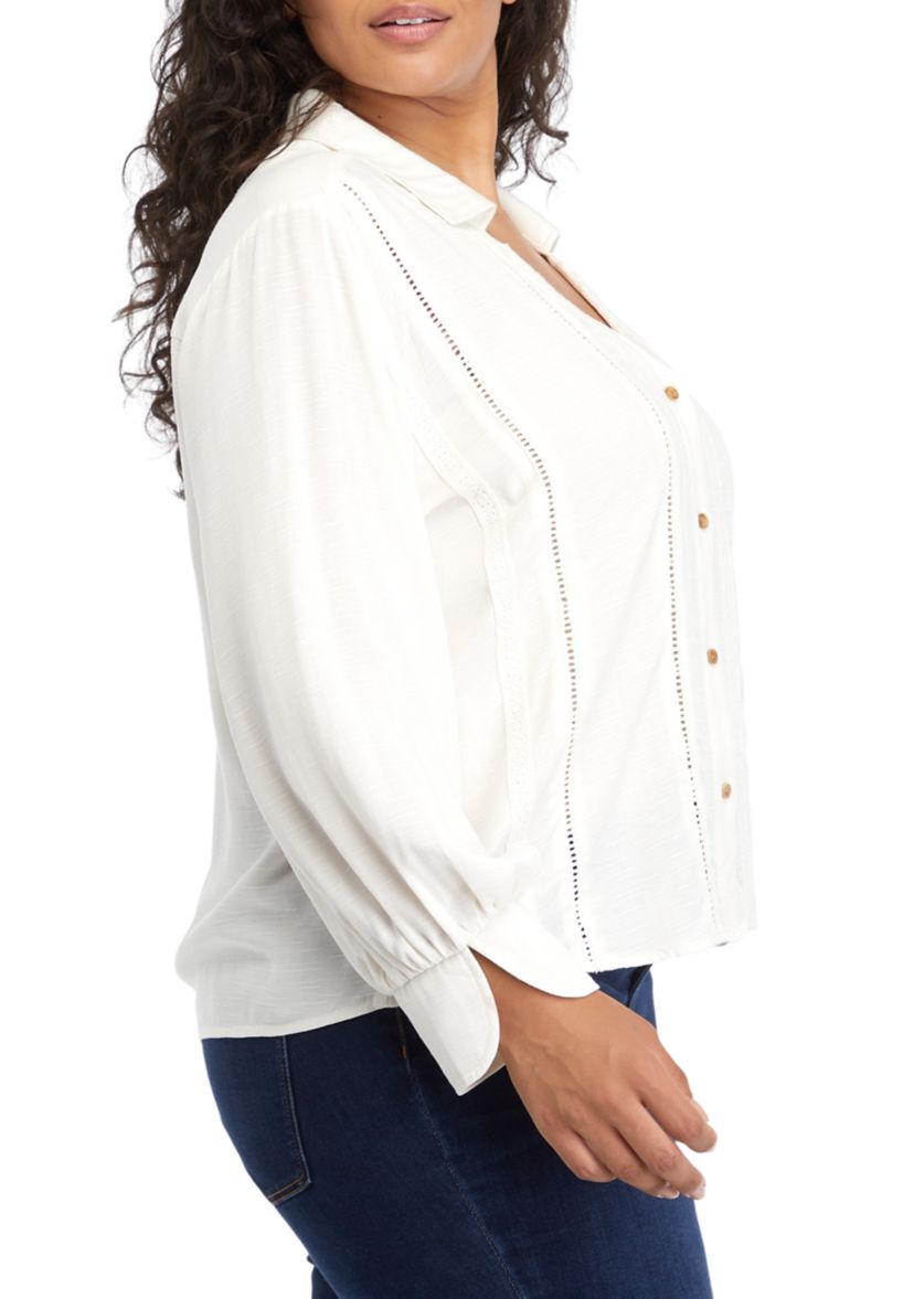Plus Size Collar Peasant Blouse with Mix Media