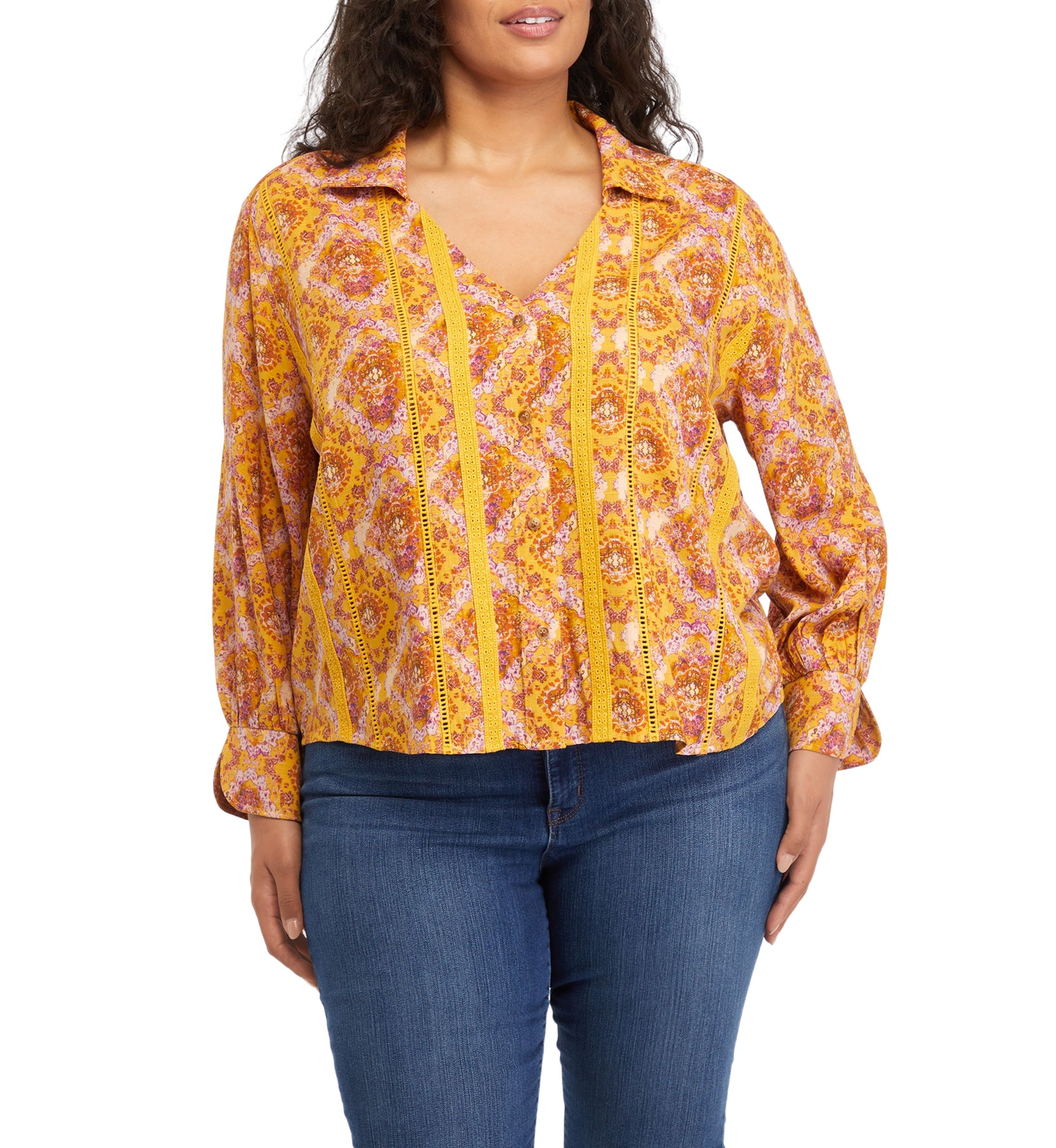 Plus Size Collar Peasant Blouse with Mix Media