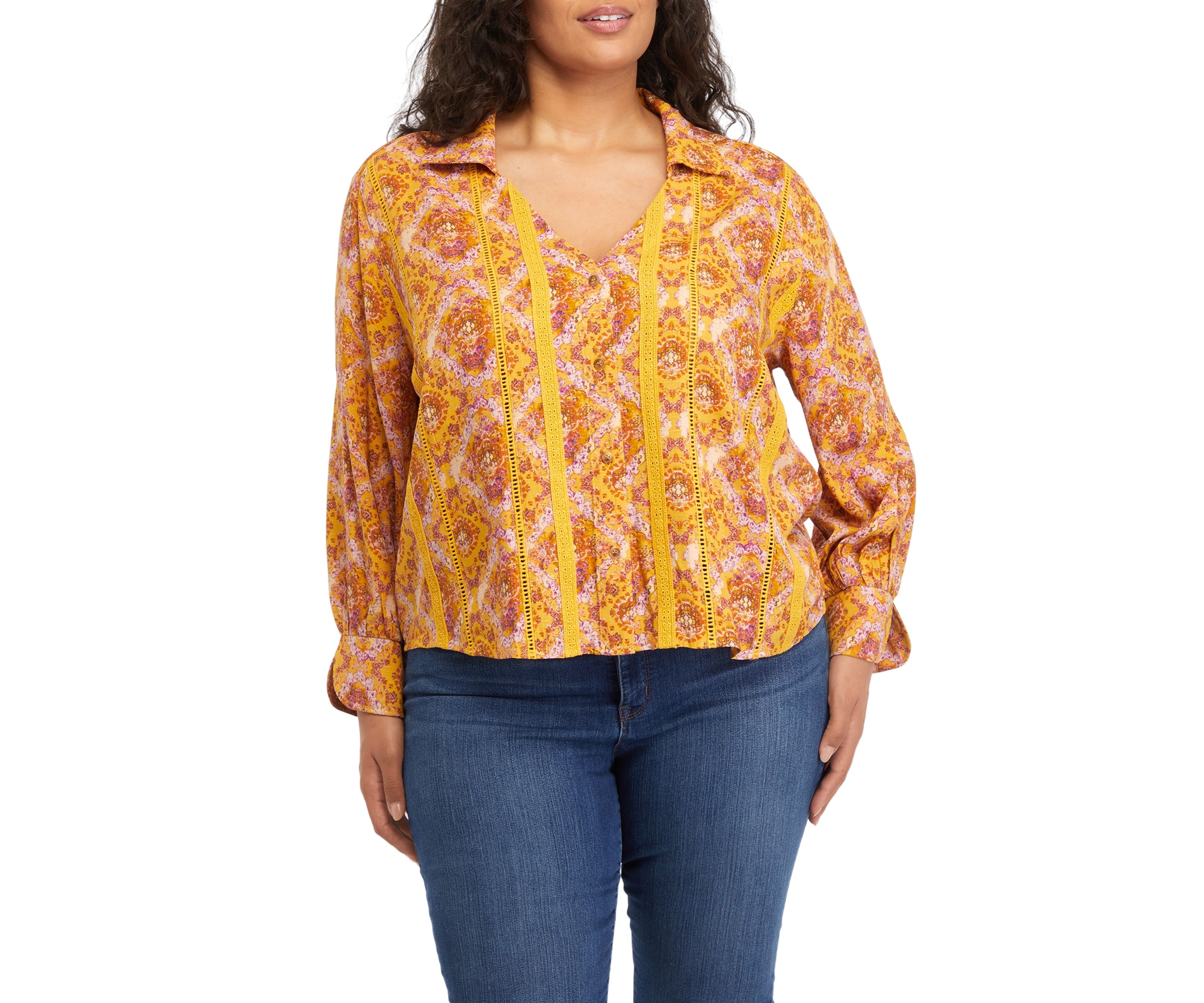 Plus Size Collar Peasant Blouse with Mix Media