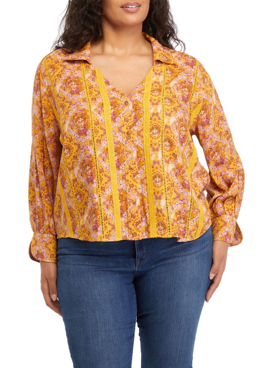Plus Size Collar Peasant Blouse with Mix Media