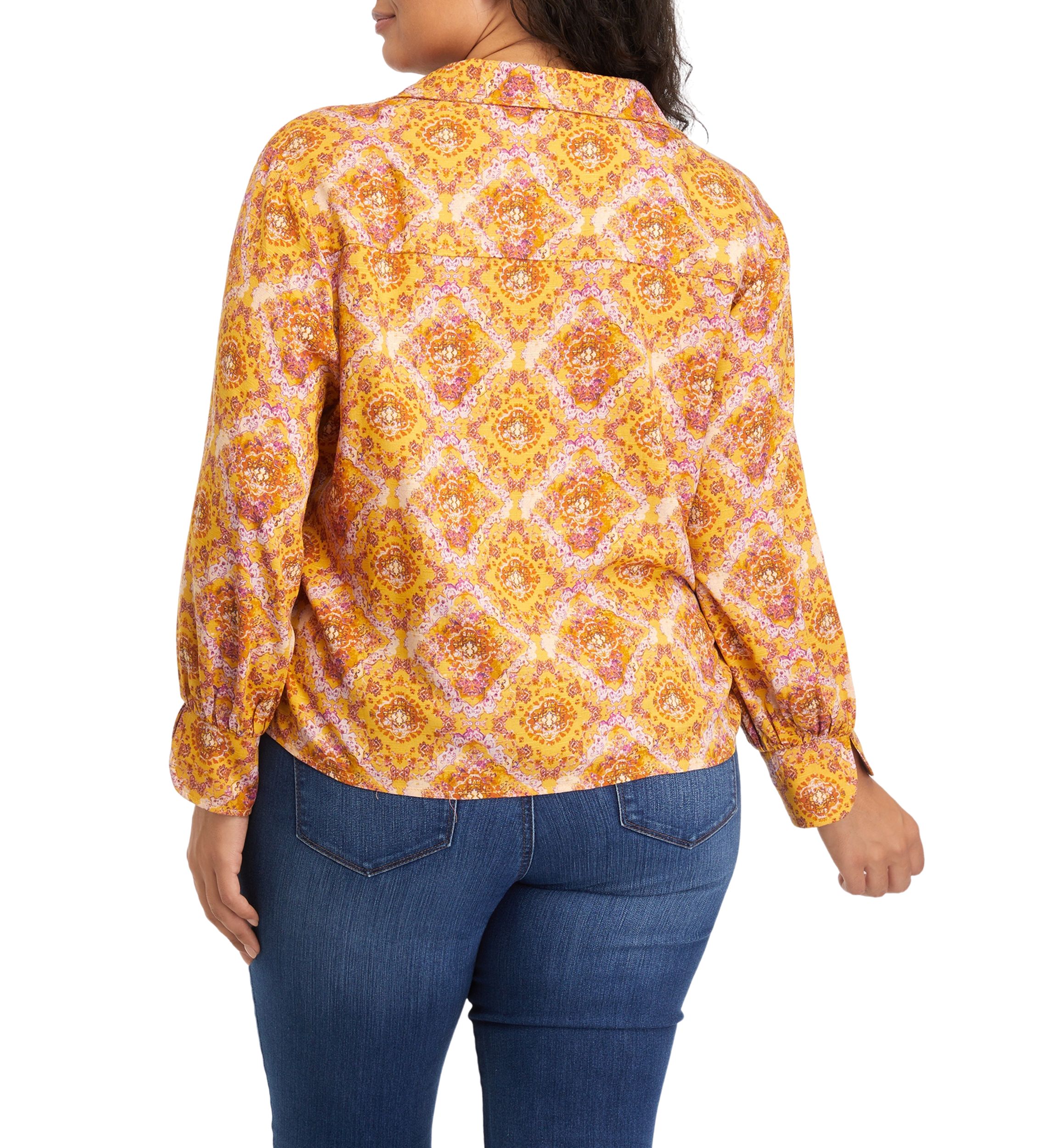 Plus Size Collar Peasant Blouse with Mix Media