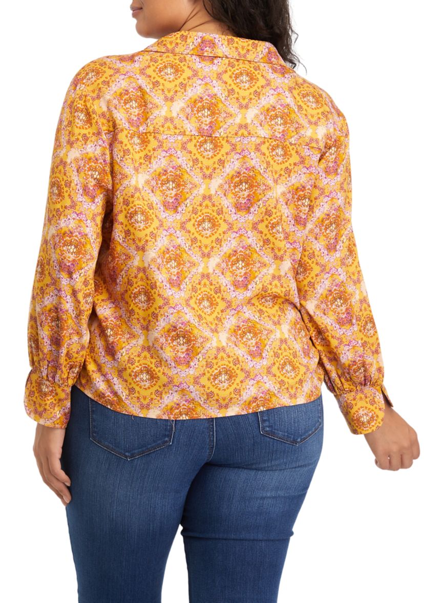 Plus Size Collar Peasant Blouse with Mix Media