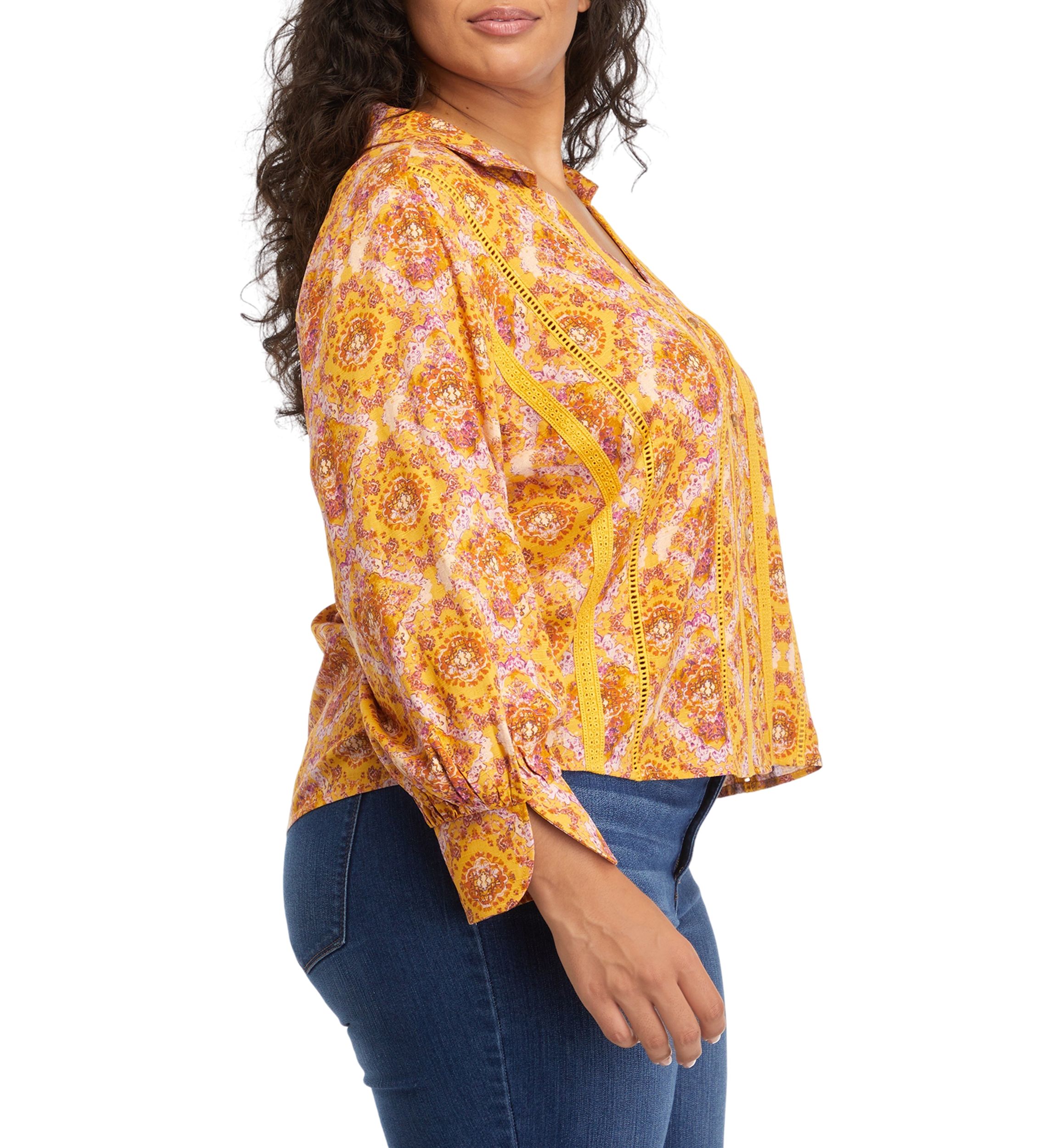 Plus Size Collar Peasant Blouse with Mix Media