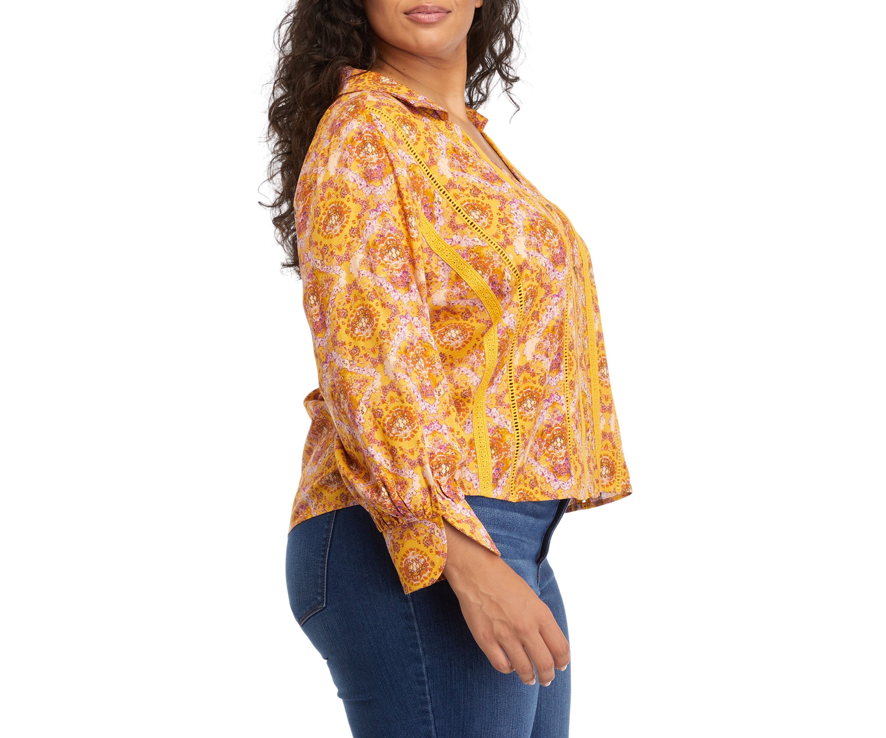 Plus Size Collar Peasant Blouse with Mix Media