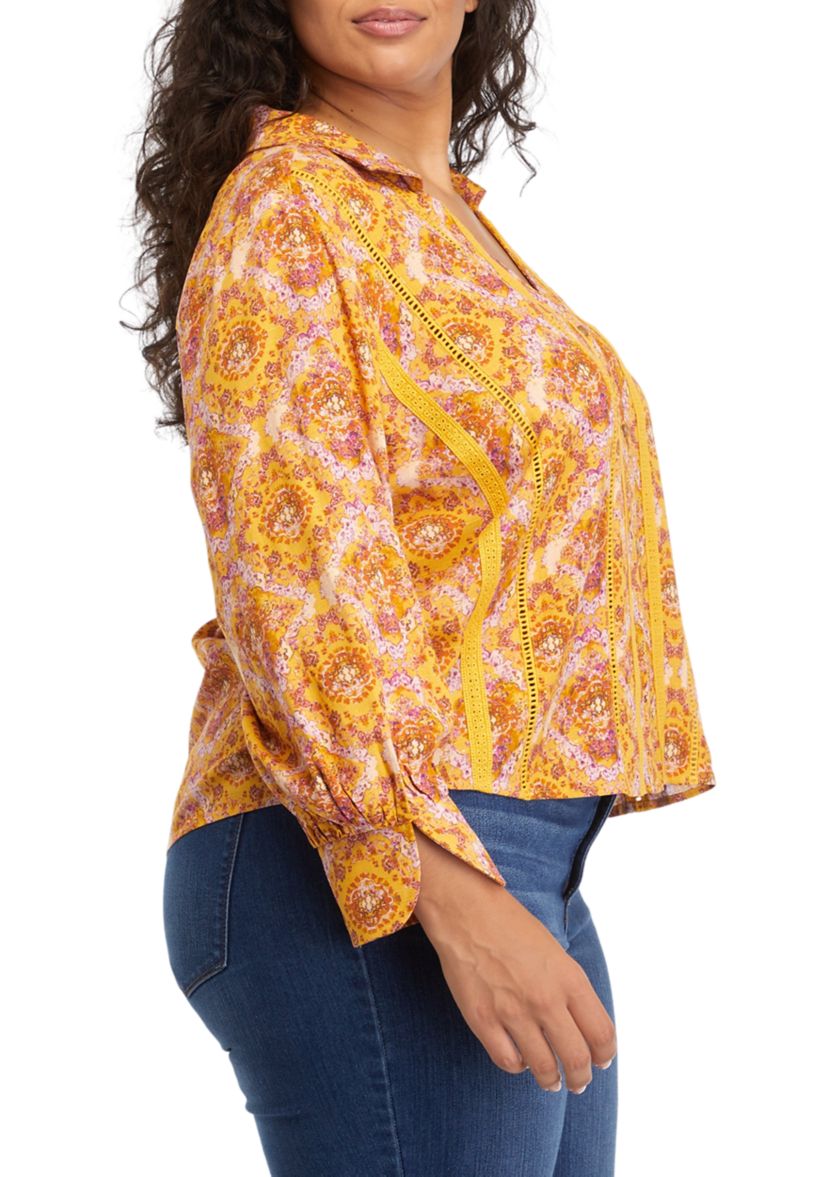 Plus Size Collar Peasant Blouse with Mix Media