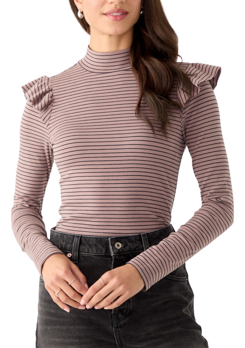 Womens Long Sleeve Mock Neck Stripe Top