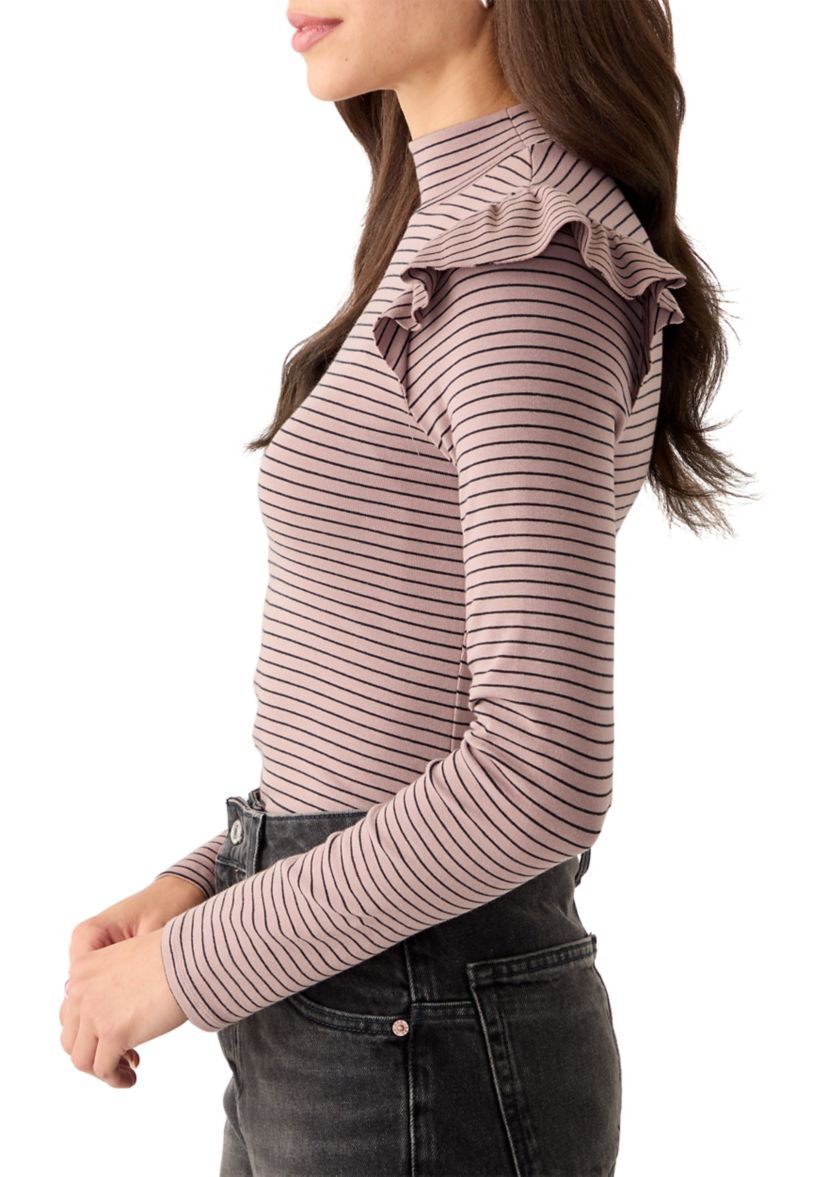 Womens Long Sleeve Mock Neck Stripe Top