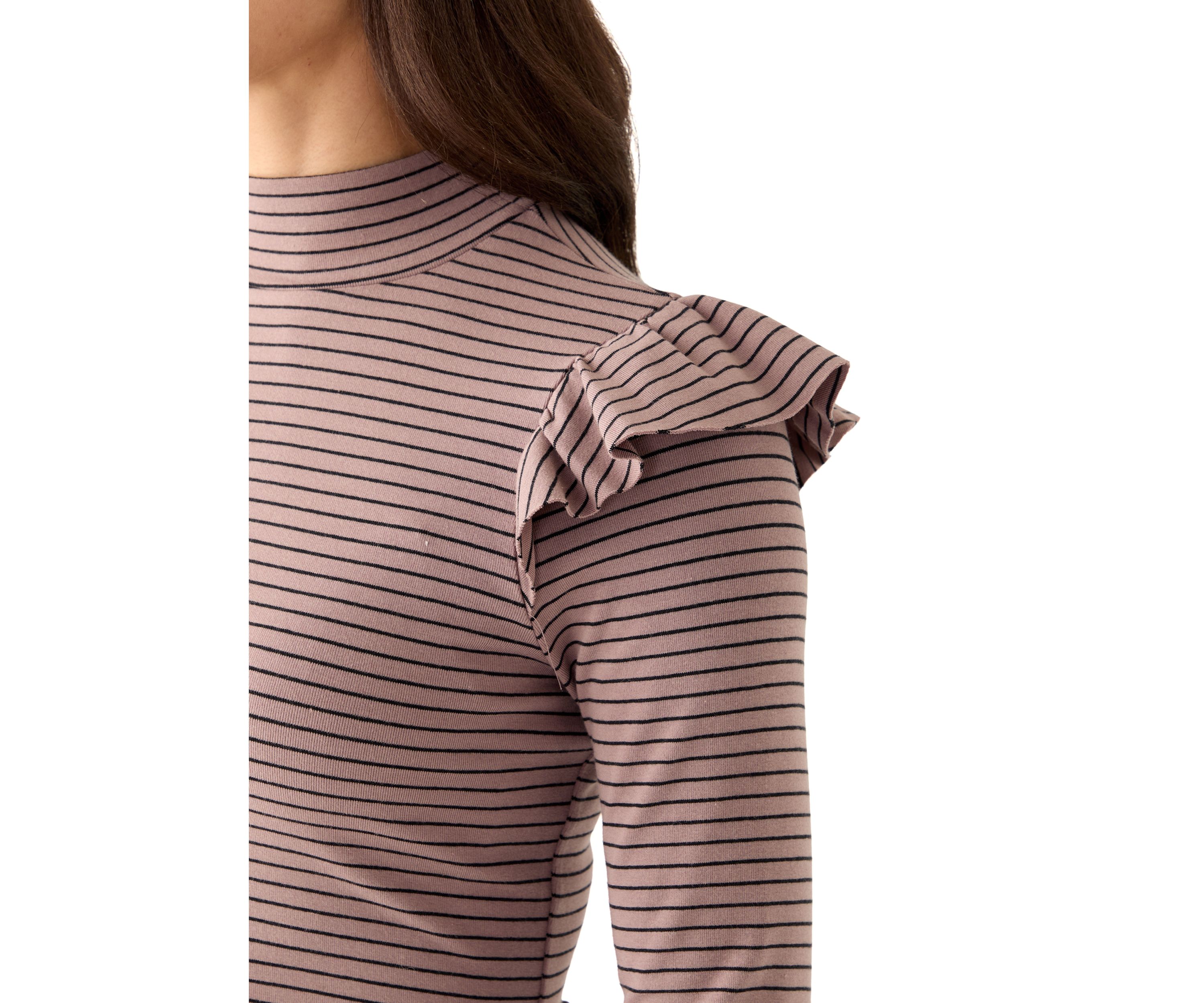 Womens Long Sleeve Mock Neck Stripe Top