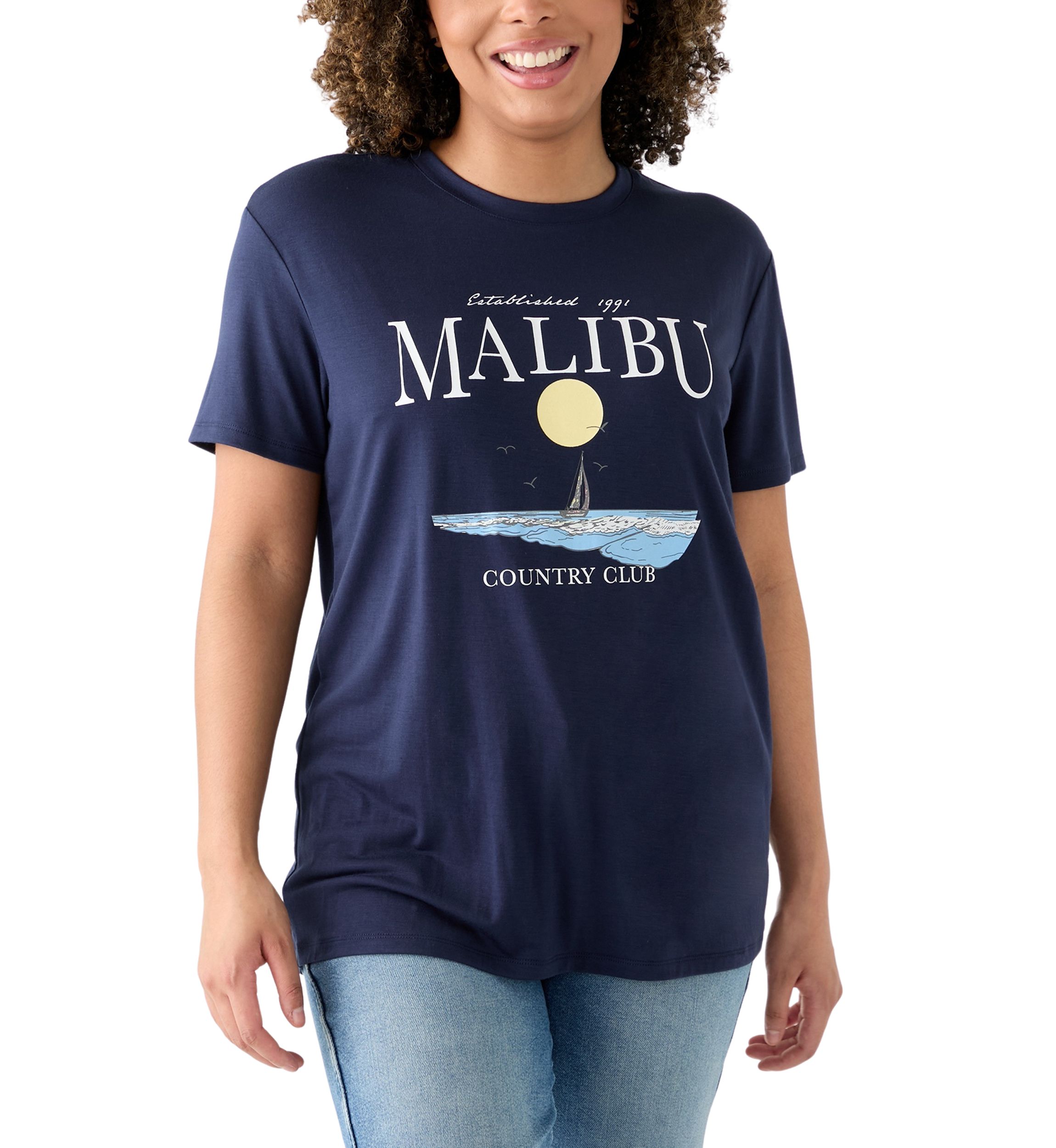 Womens Drop Shoulder Short Sleeve Malibu Country Club Graphic T-Shirt