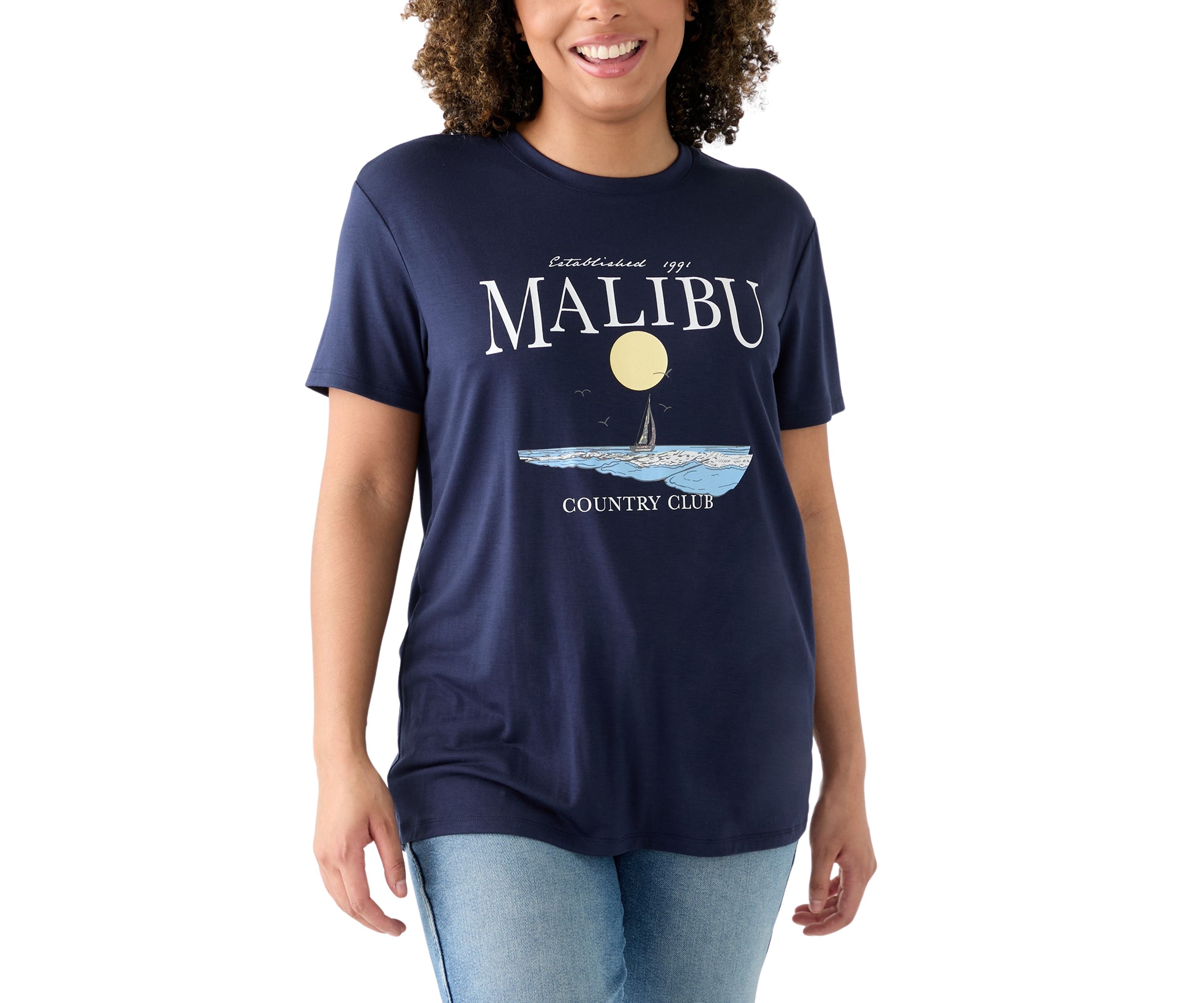 Womens Drop Shoulder Short Sleeve Malibu Country Club Graphic T-Shirt