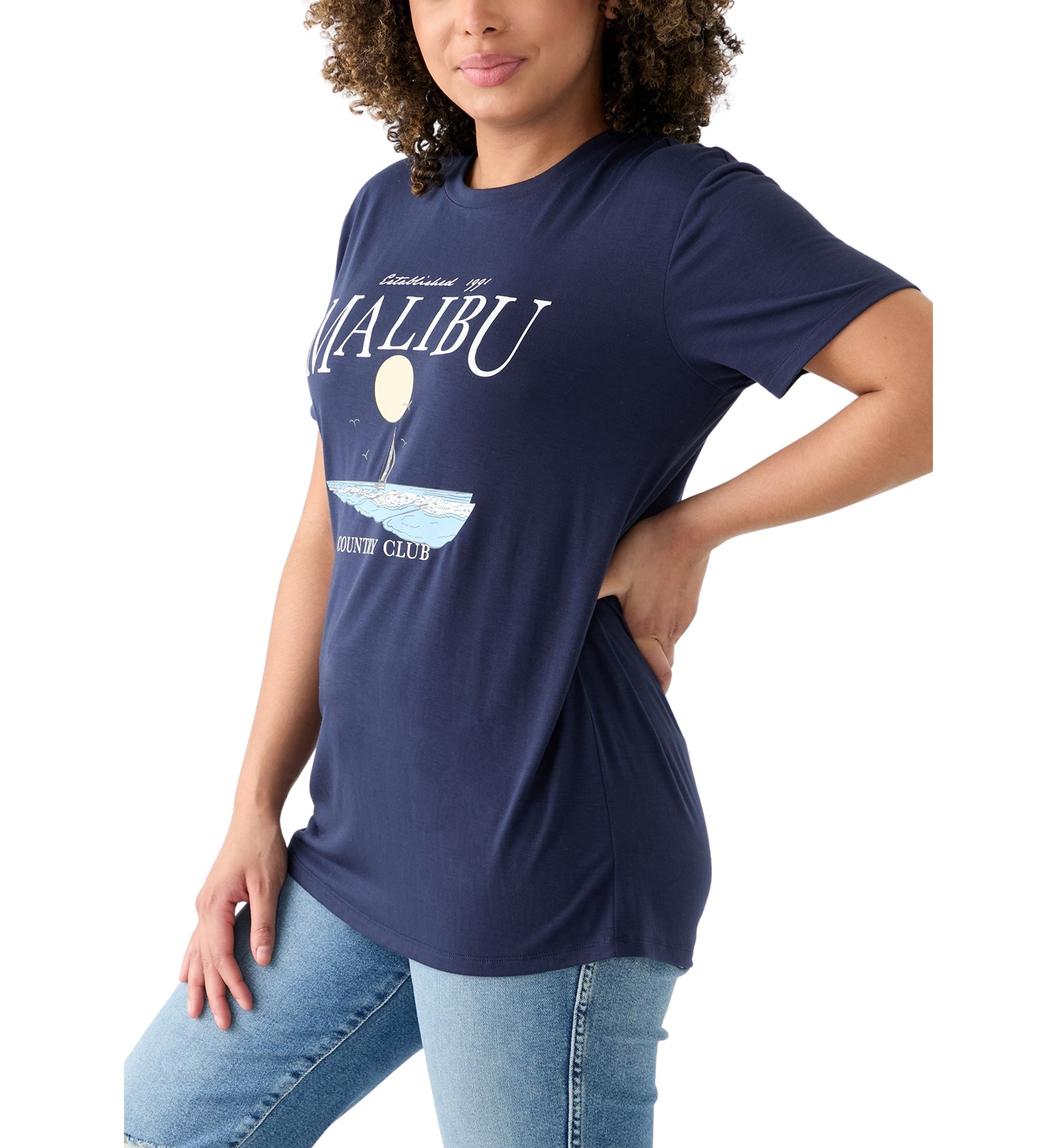 Womens Drop Shoulder Short Sleeve Malibu Country Club Graphic T-Shirt