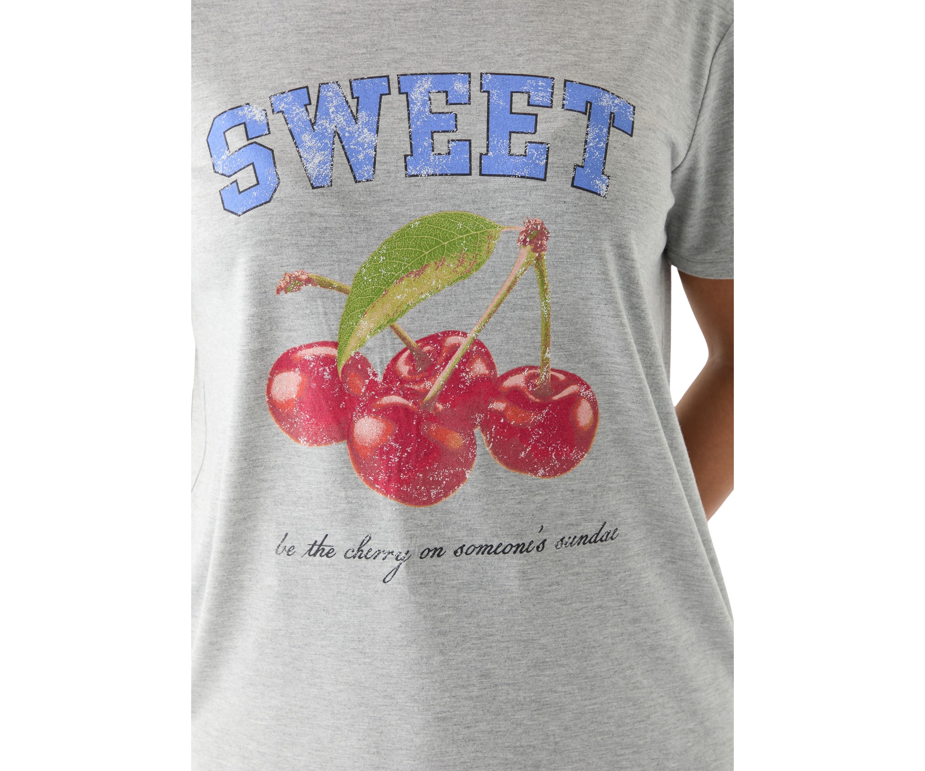 Womens Drop Shoulder Short Sleeve Sweet Cherries Graphic T-Shirt
