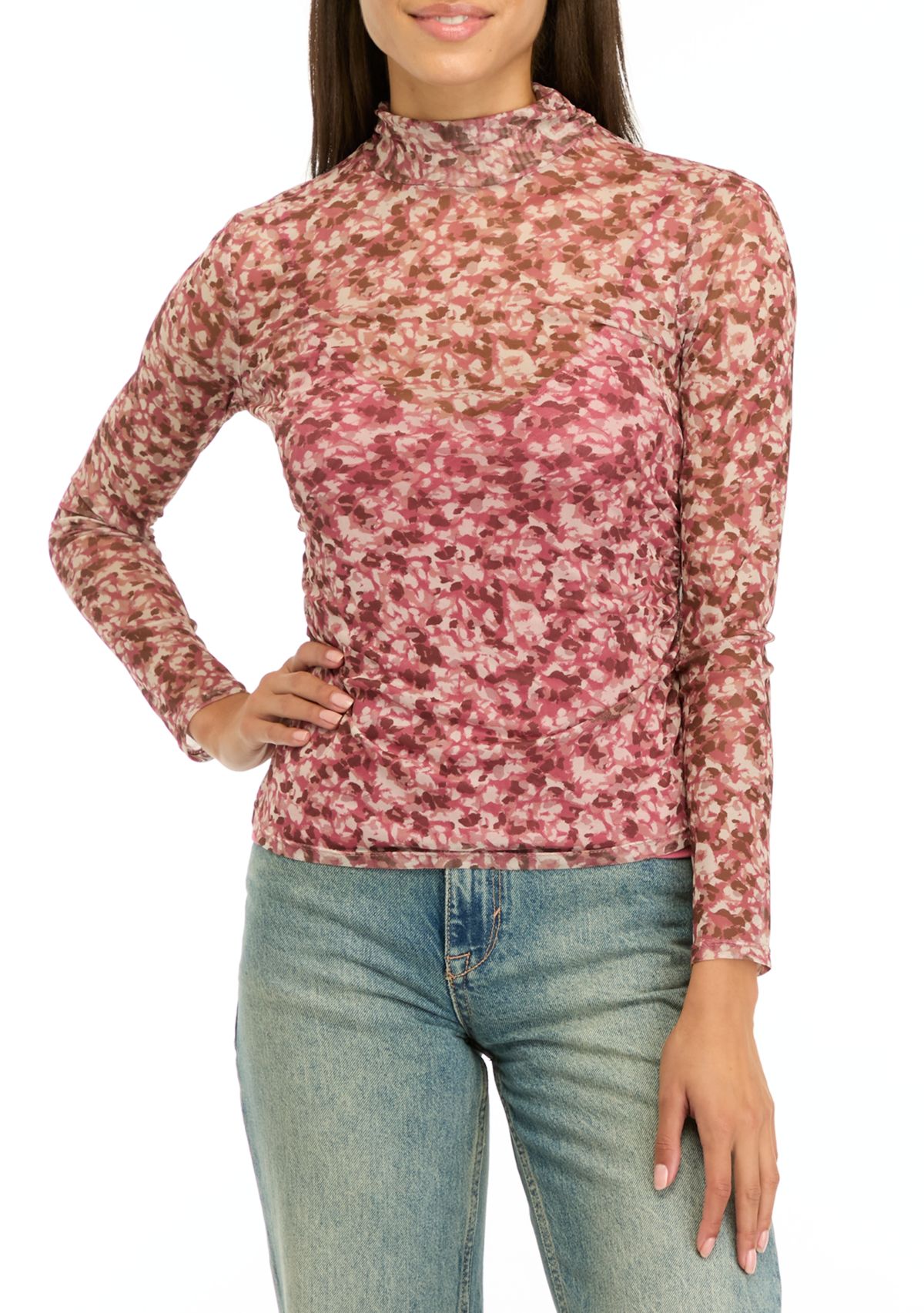 Womens Printed Mock Neck Mesh Top