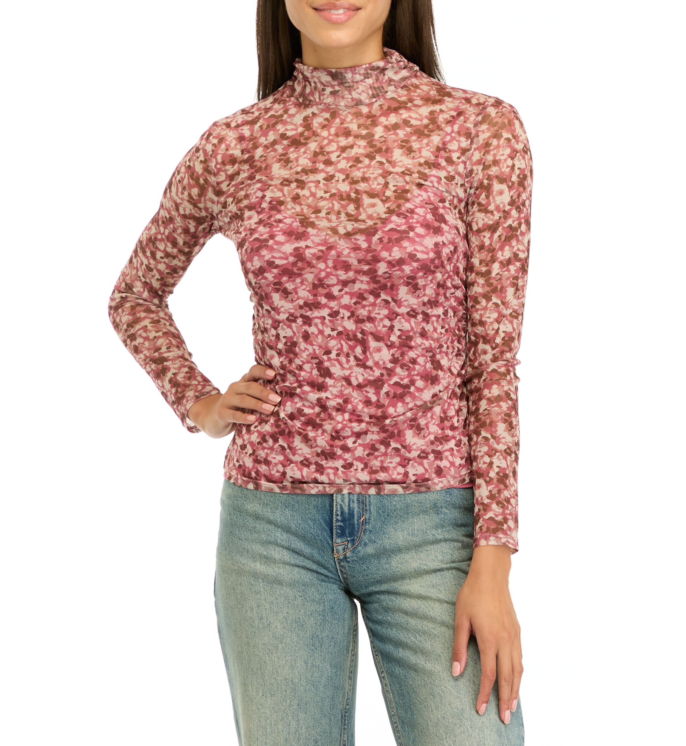 Womens Printed Mock Neck Mesh Top