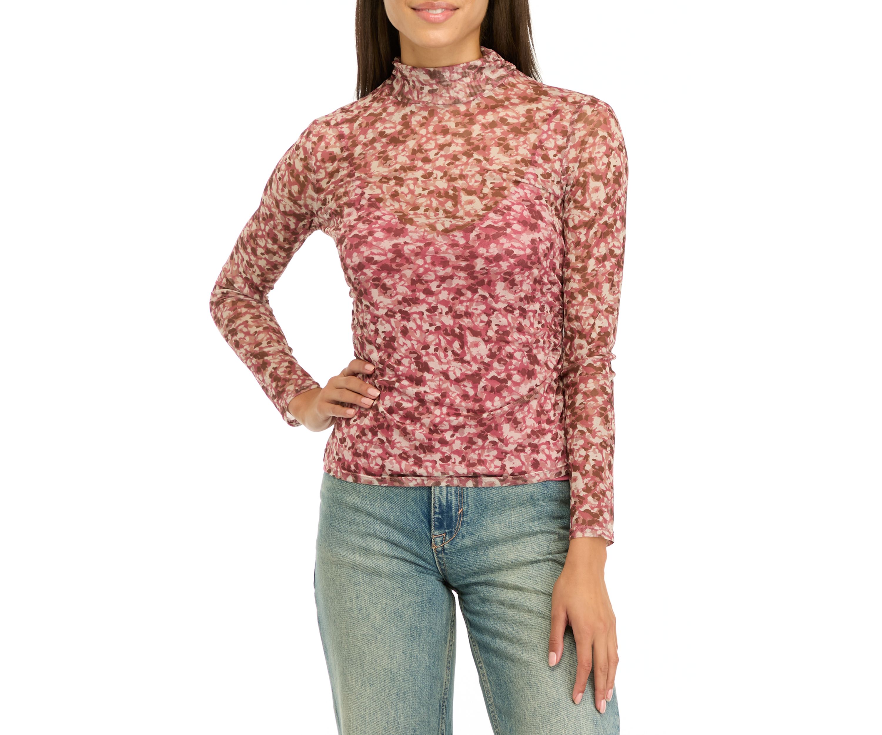 Womens Printed Mock Neck Mesh Top