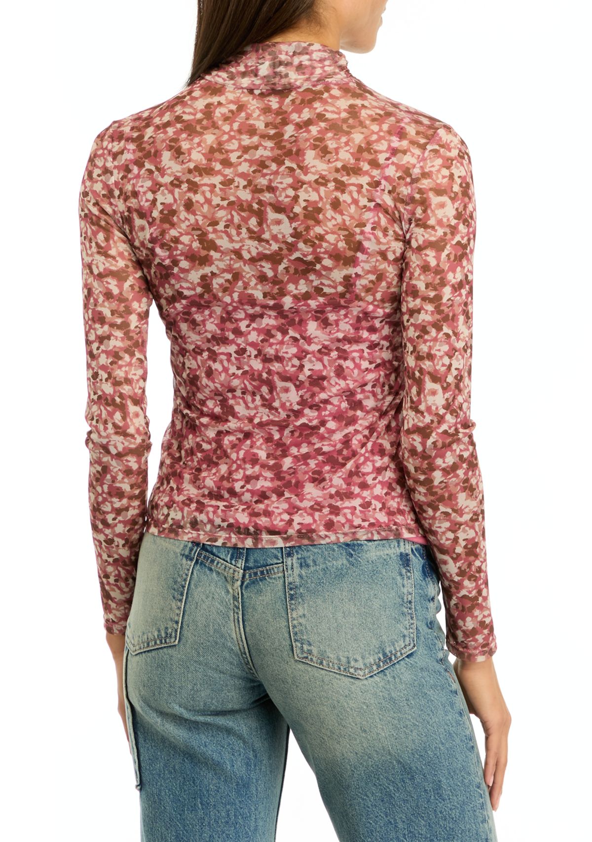 Womens Printed Mock Neck Mesh Top