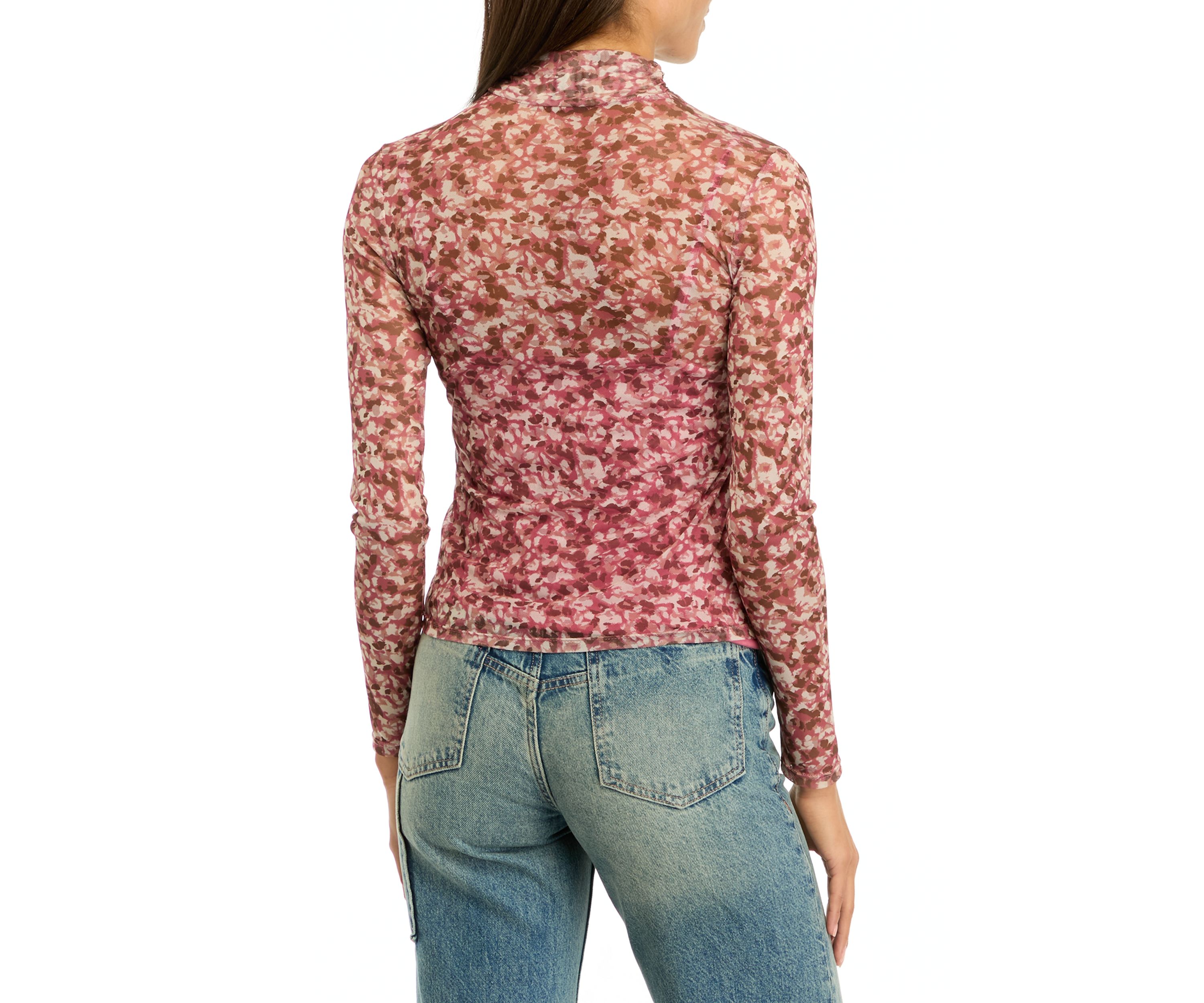 Womens Printed Mock Neck Mesh Top