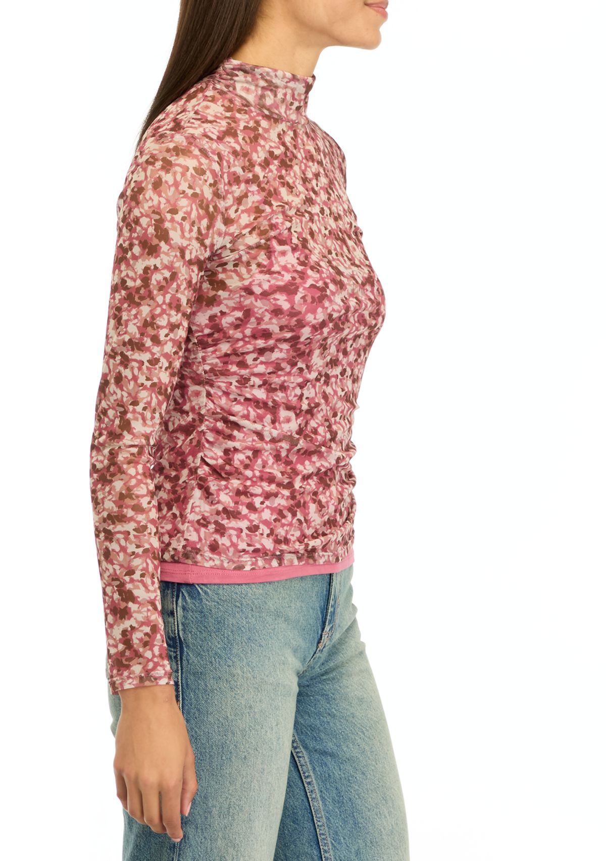 Womens Printed Mock Neck Mesh Top