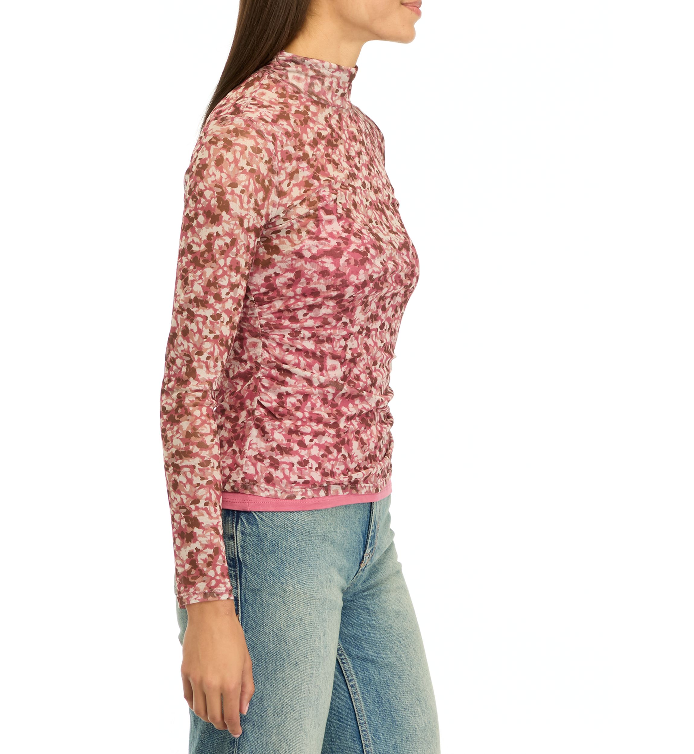 Womens Printed Mock Neck Mesh Top