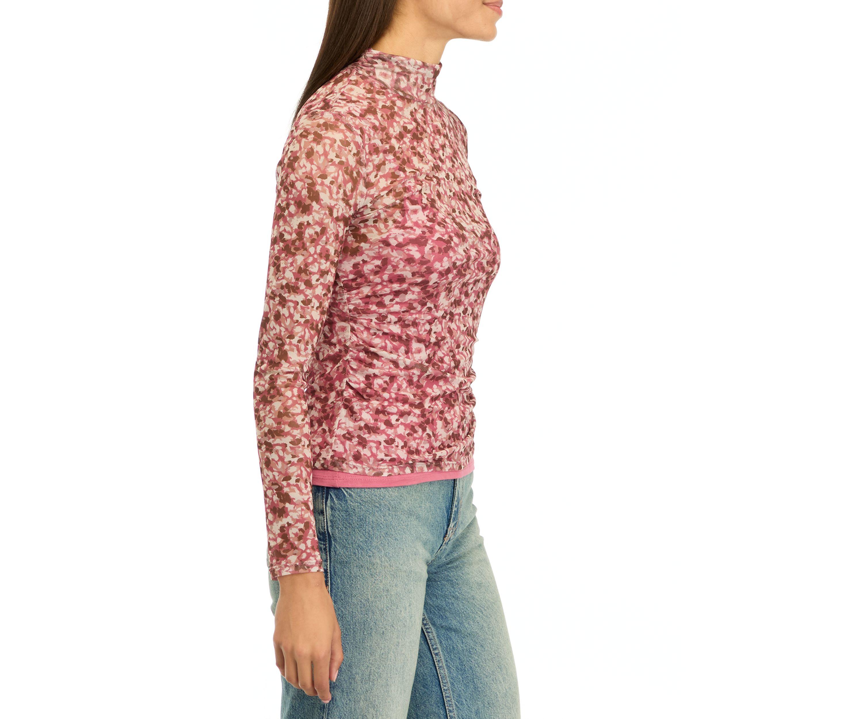 Womens Printed Mock Neck Mesh Top