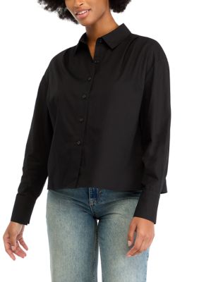 Oak & Trellis Women's High Low Collared Long Sleeve Pleated Shirt, Black, XS