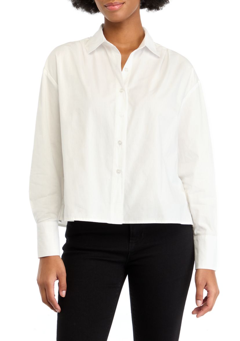 Womens High Low Collared Long Sleeve Pleated Shirt