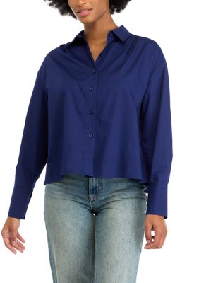 Oak & Trellis Women's High Low Collared Long Sleeve Pleated Shirt, Blue, Small