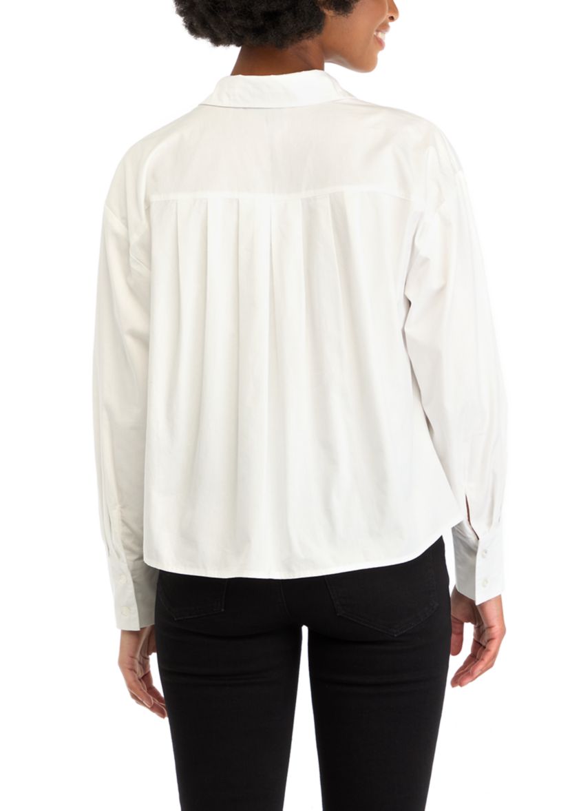 Womens High Low Collared Long Sleeve Pleated Shirt