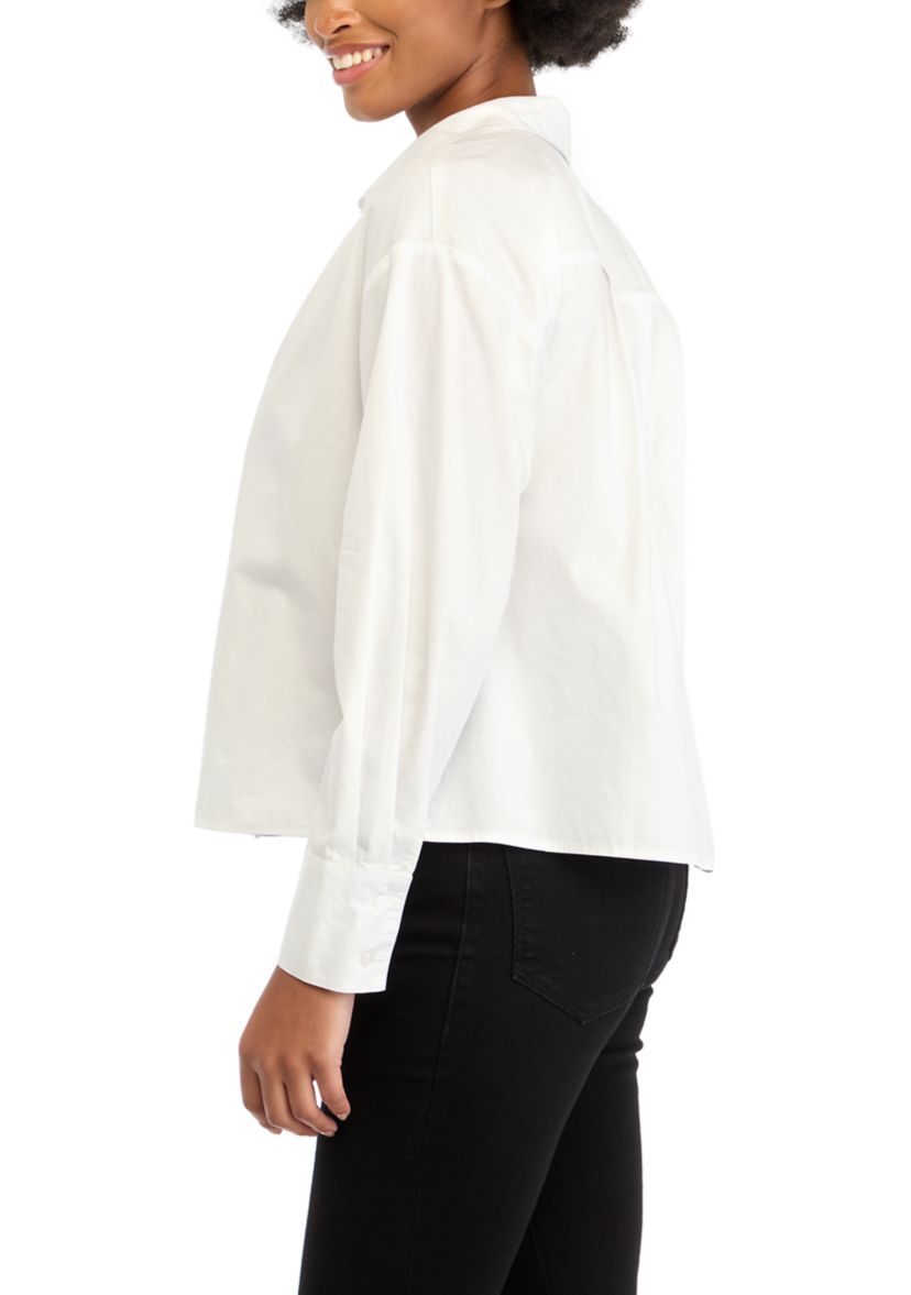 Womens High Low Collared Long Sleeve Pleated Shirt