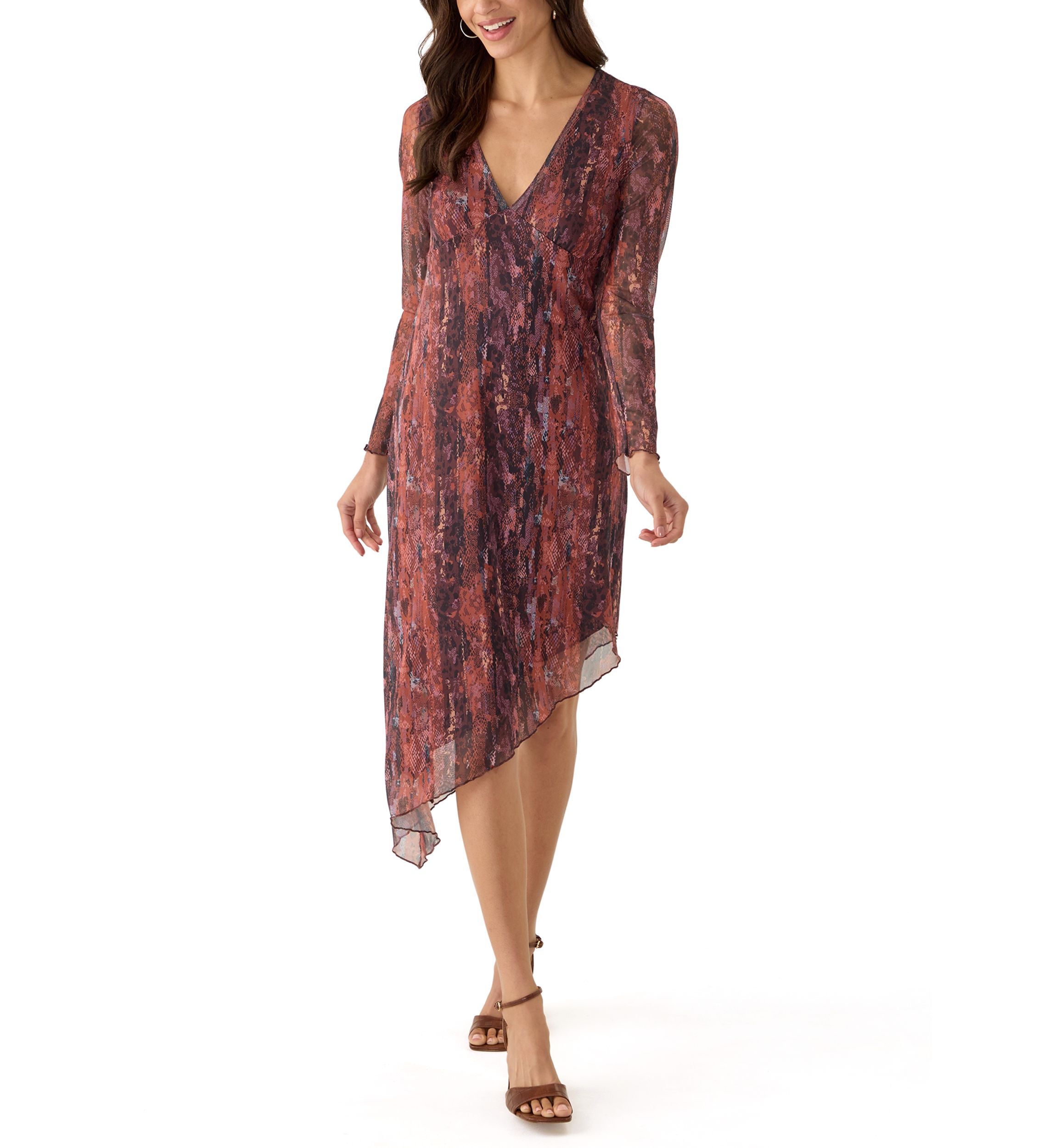 Womens Long Sleeve V-Neck Asymmetrical Hem Dress
