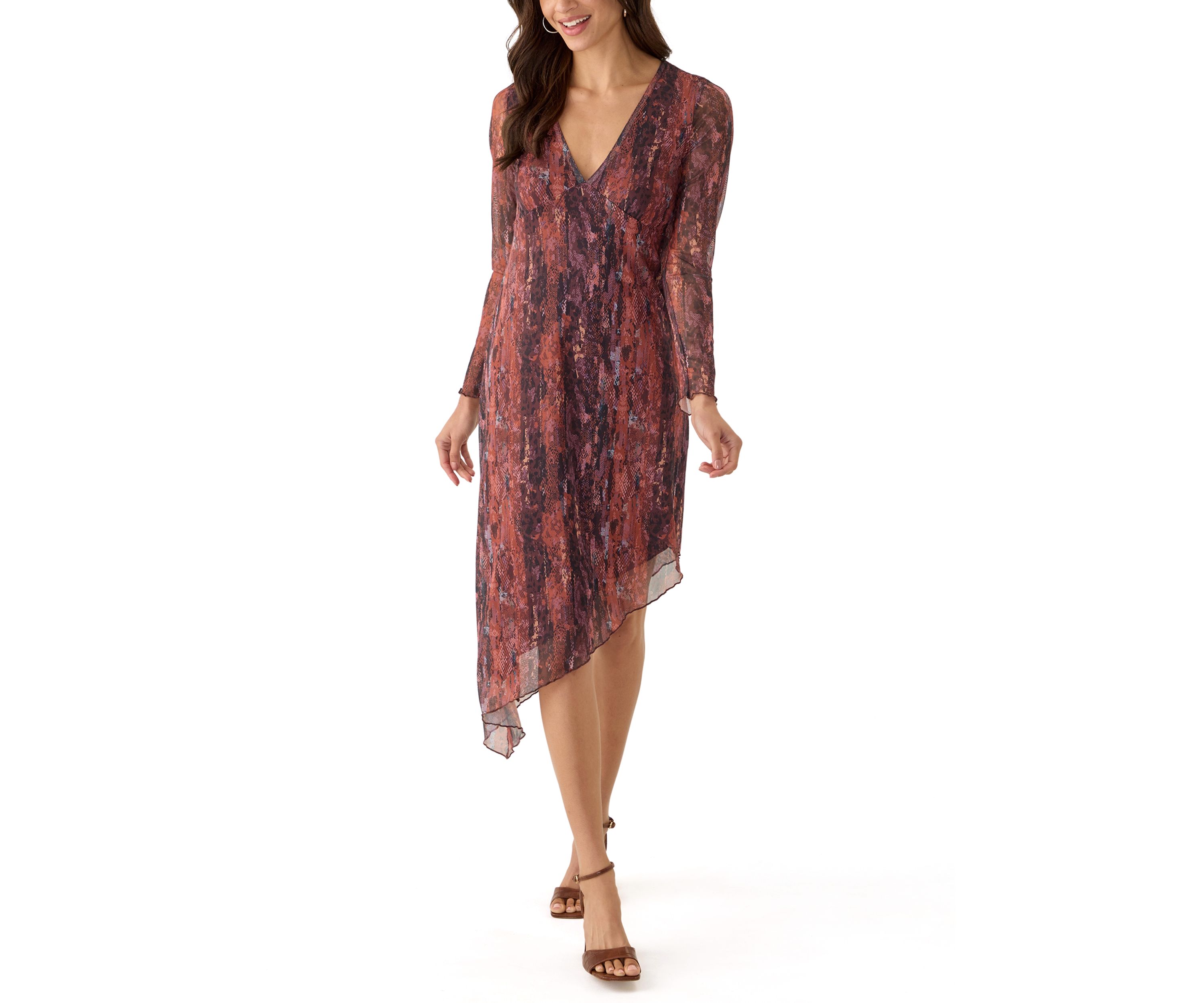 Womens Long Sleeve V-Neck Asymmetrical Hem Dress
