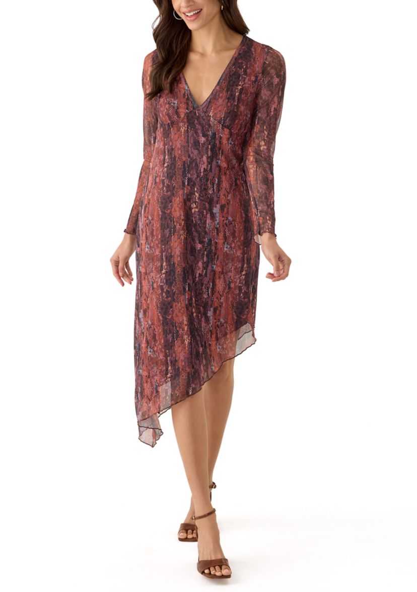 Womens Long Sleeve V-Neck Asymmetrical Hem Dress