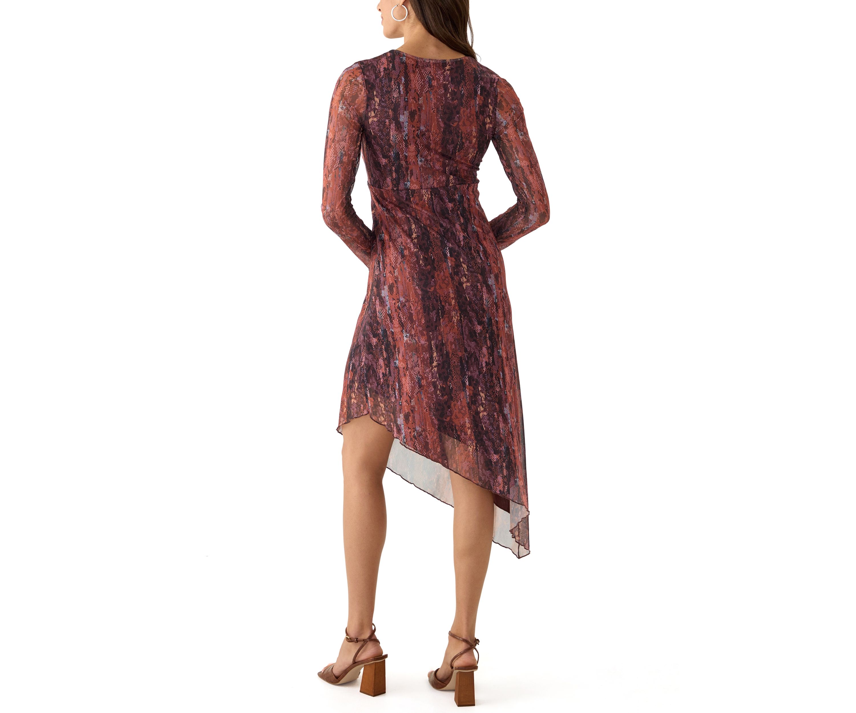 Womens Long Sleeve V-Neck Asymmetrical Hem Dress